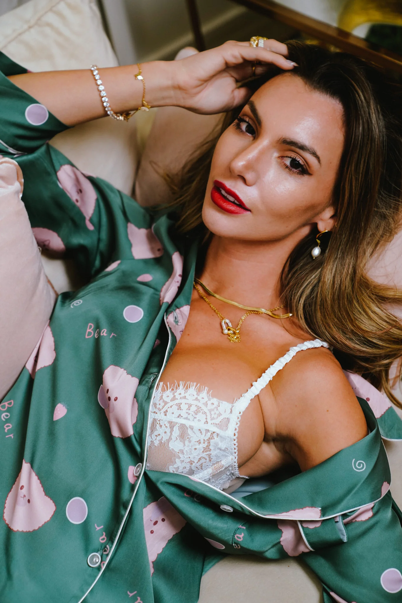 Green Bear Print Silky Satin Pajamas Set - Image 15