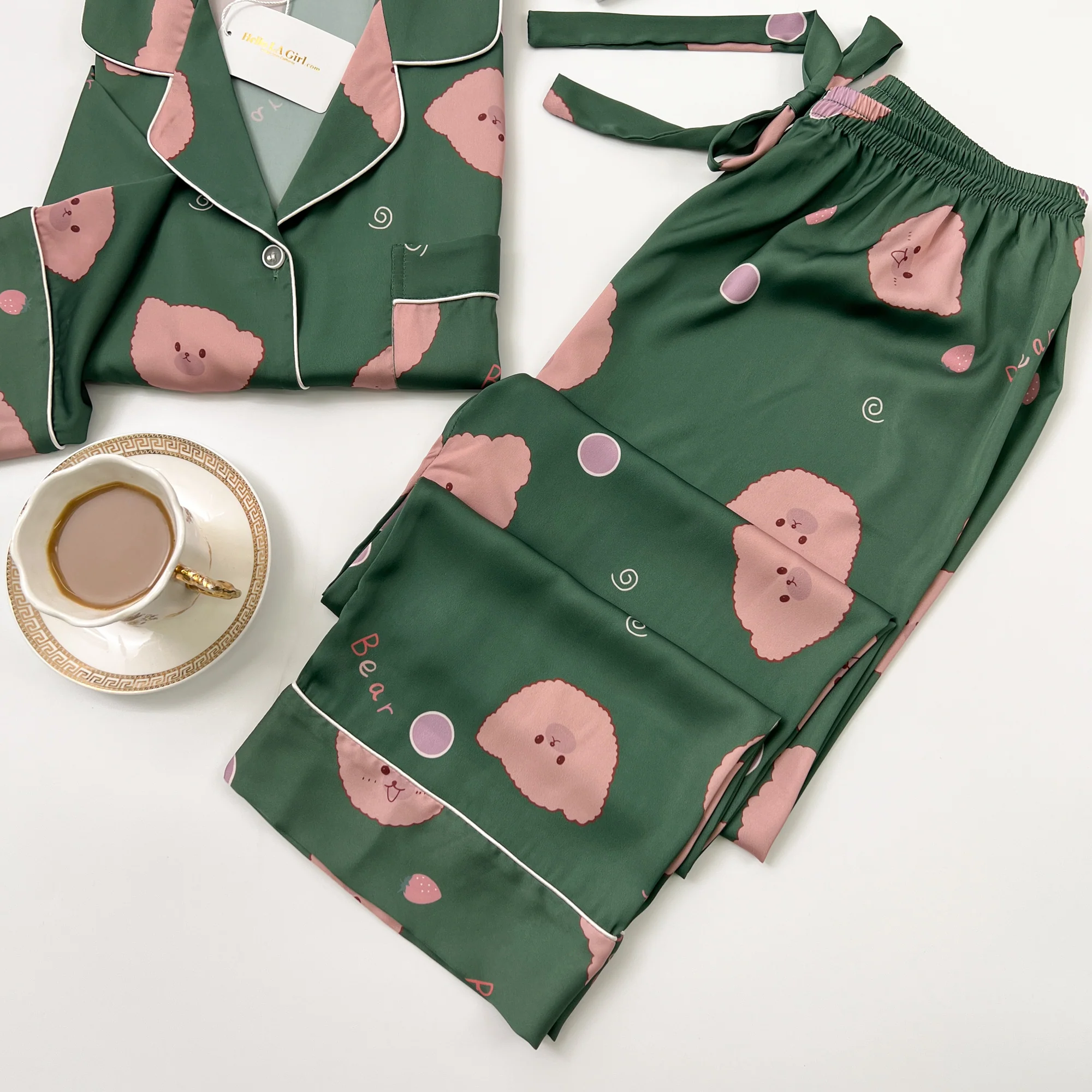 Green Bear Print Silky Satin Pajamas Set - Image 6