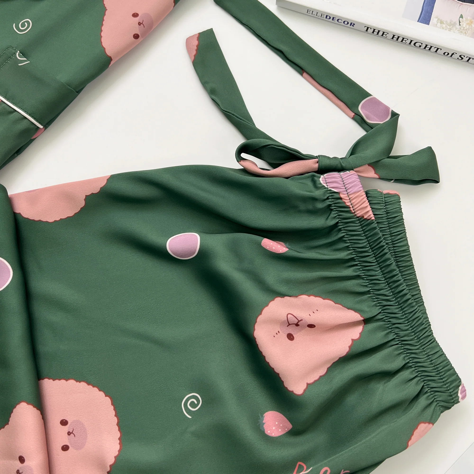 Green Bear Print Silky Satin Pajamas Set - Image 7