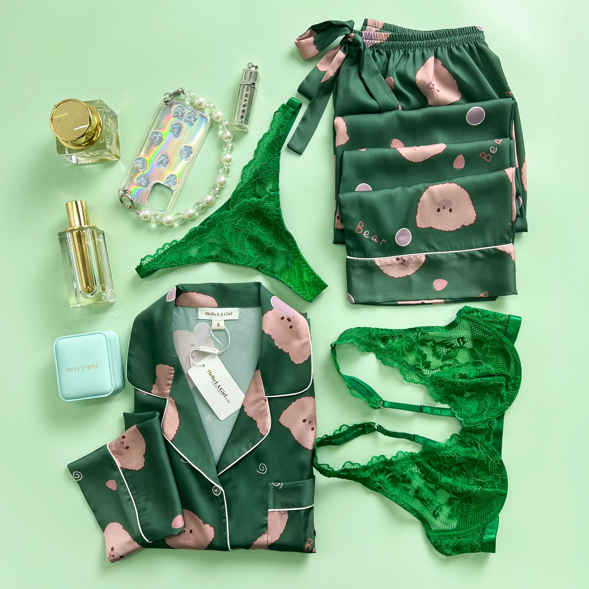 Green Bear Print Silky Satin Pajamas Set - Image 9