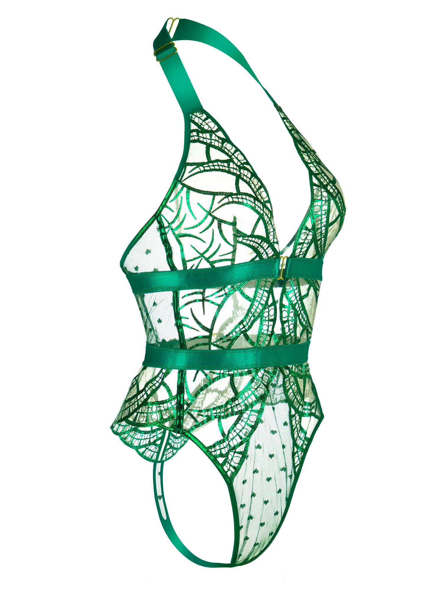 Green Foil Lace Seductive Sheer Bodysuit - Image 5