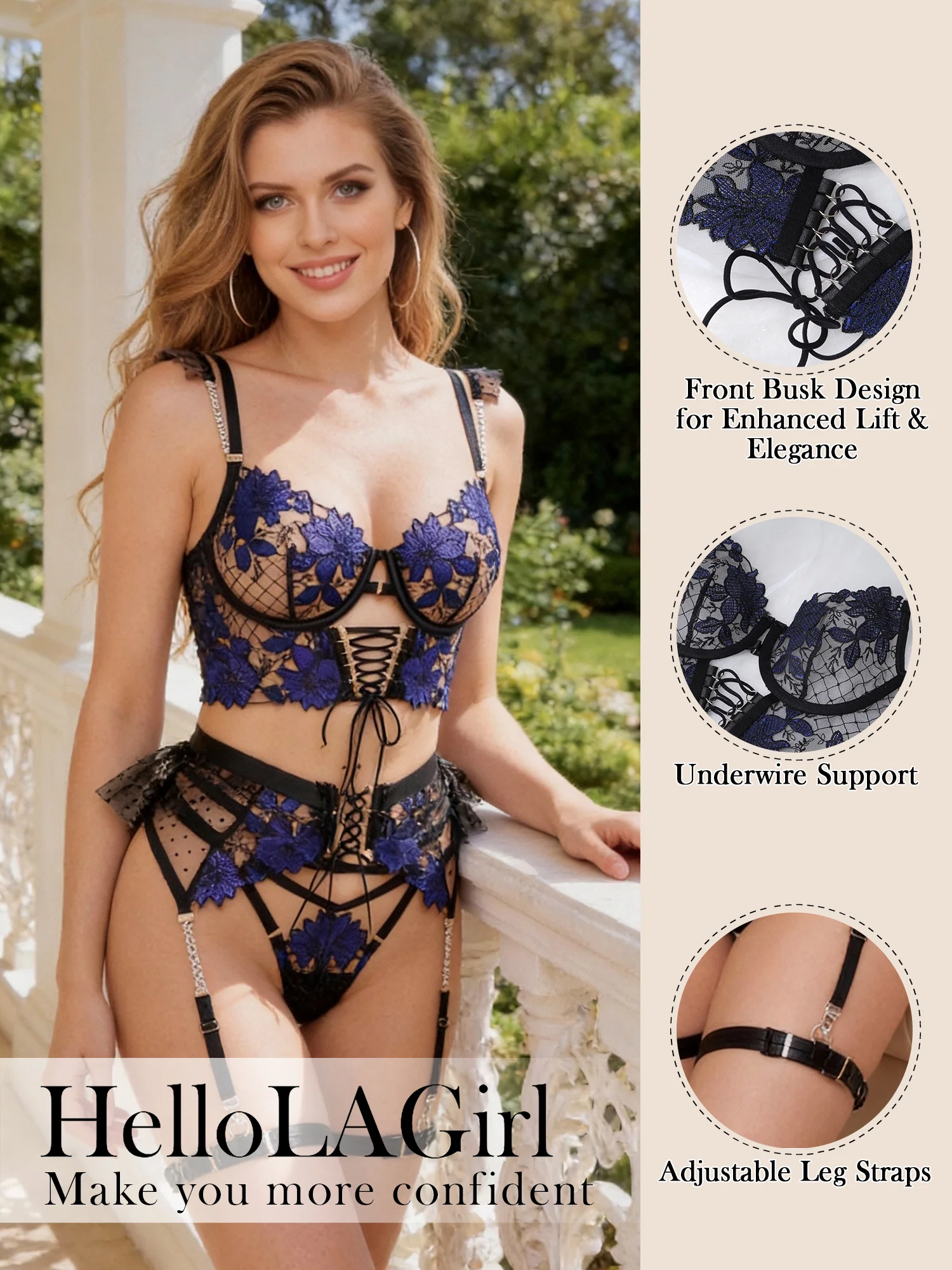 Black&Blue Lace Tie Adjustable Sculpting Body Lingerie Set - Image 13