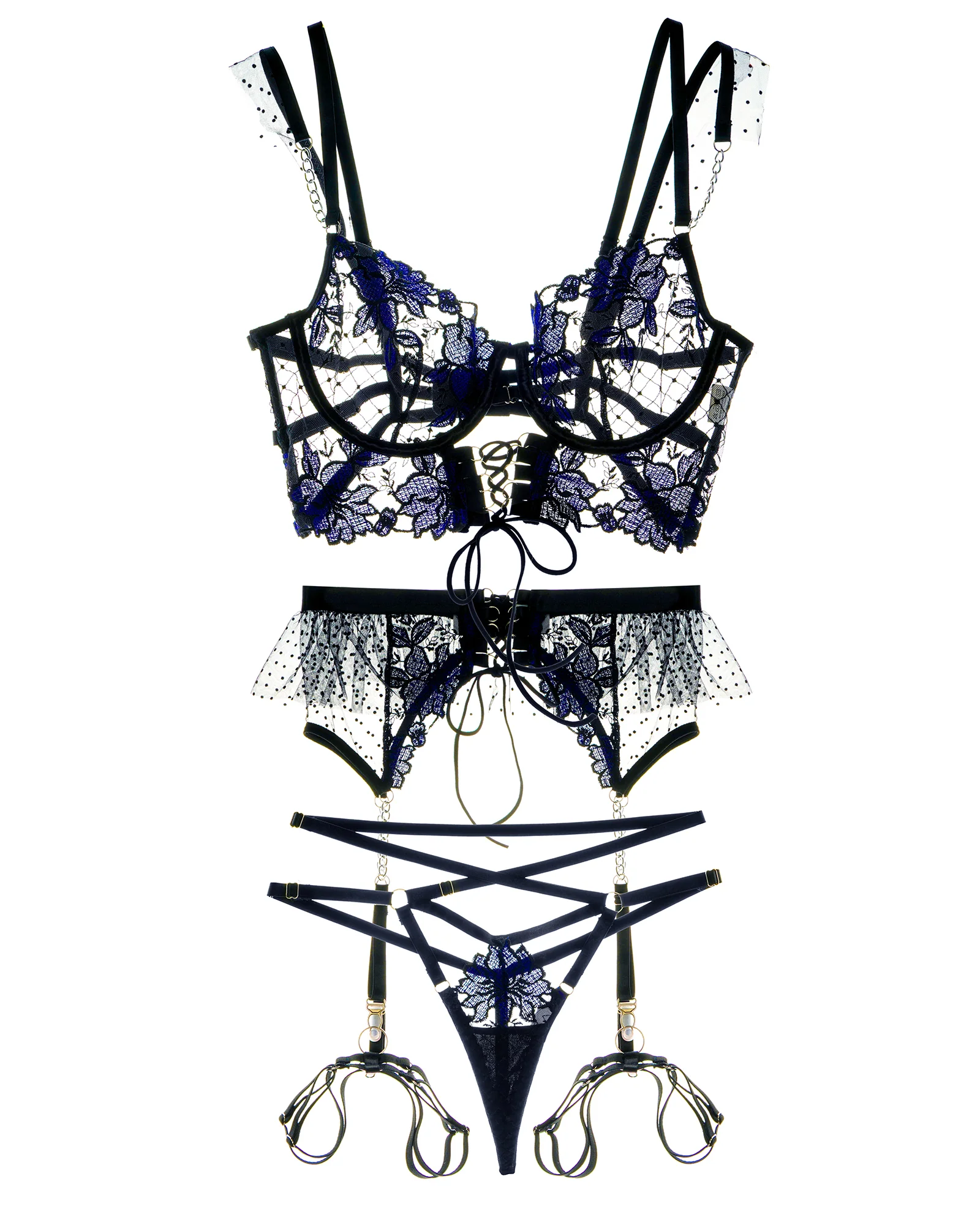 Black&Blue Lace Tie Adjustable Sculpting Body Lingerie Set - Image 8