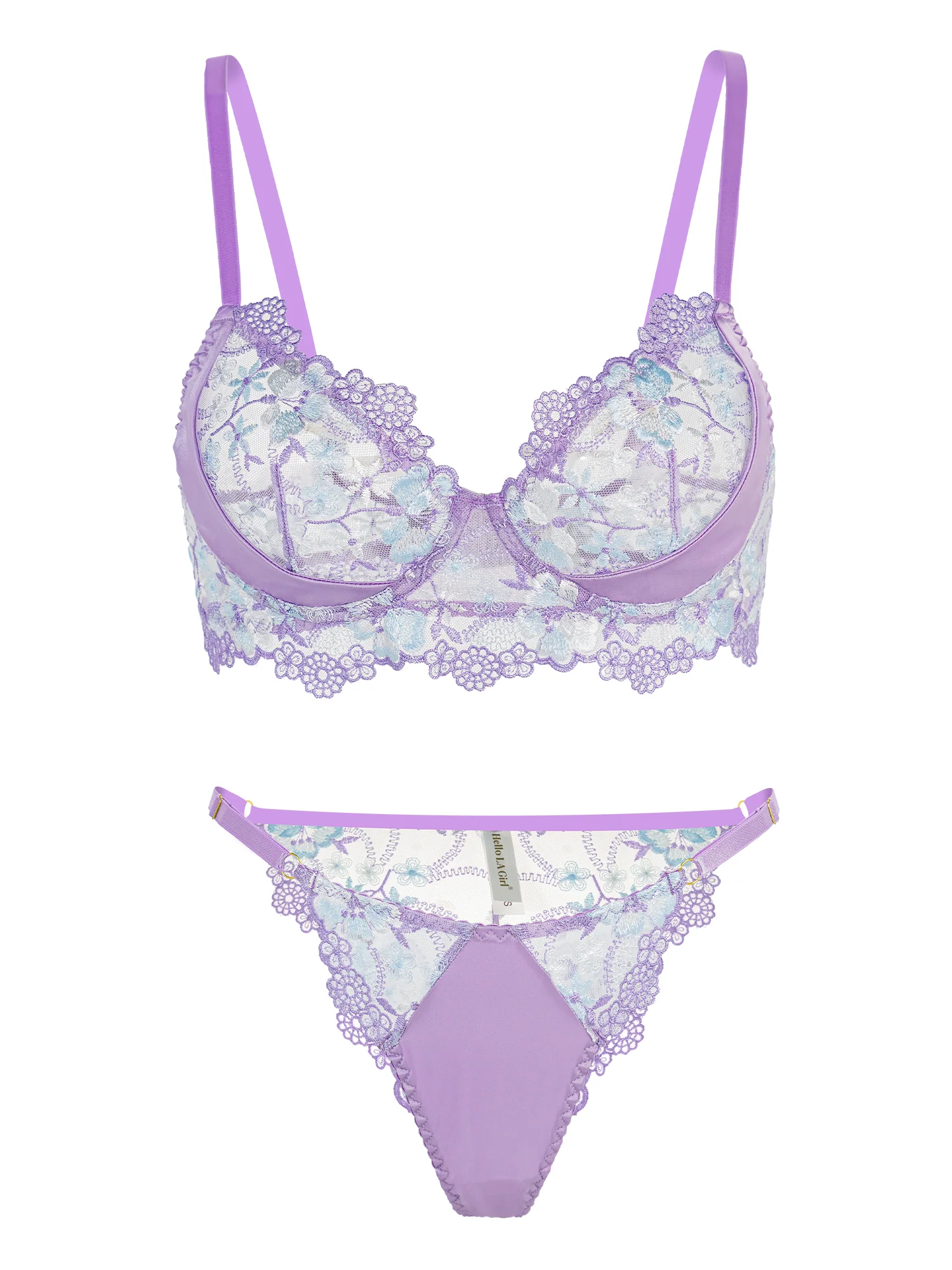 Lavender Floral Embroidered Satin Push-up Lingerie Set - Image 19