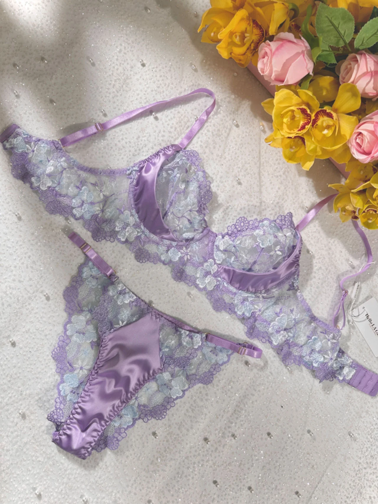 Lavender Floral Embroidered Satin Push-up Lingerie Set - Image 20