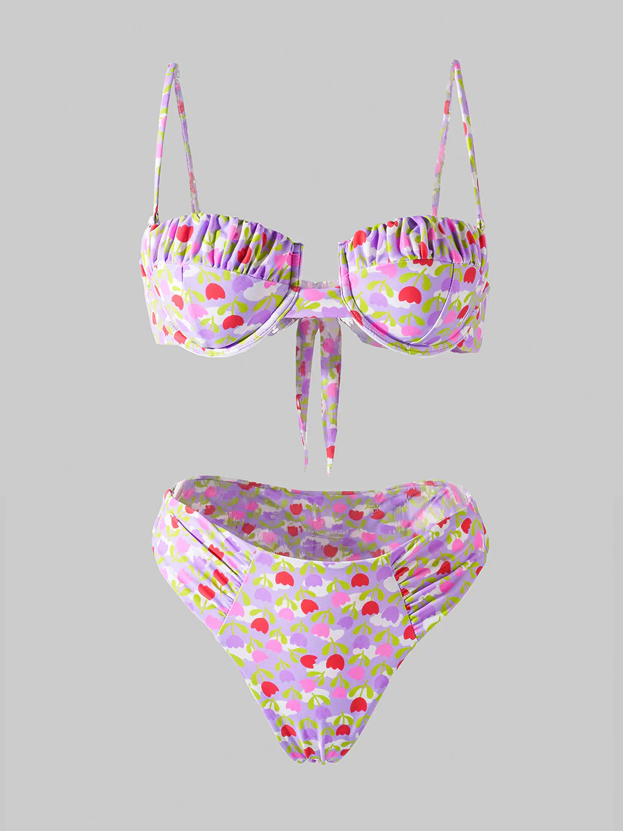 Light Purple Flowers High-Waisted Bikini Set - Image 4