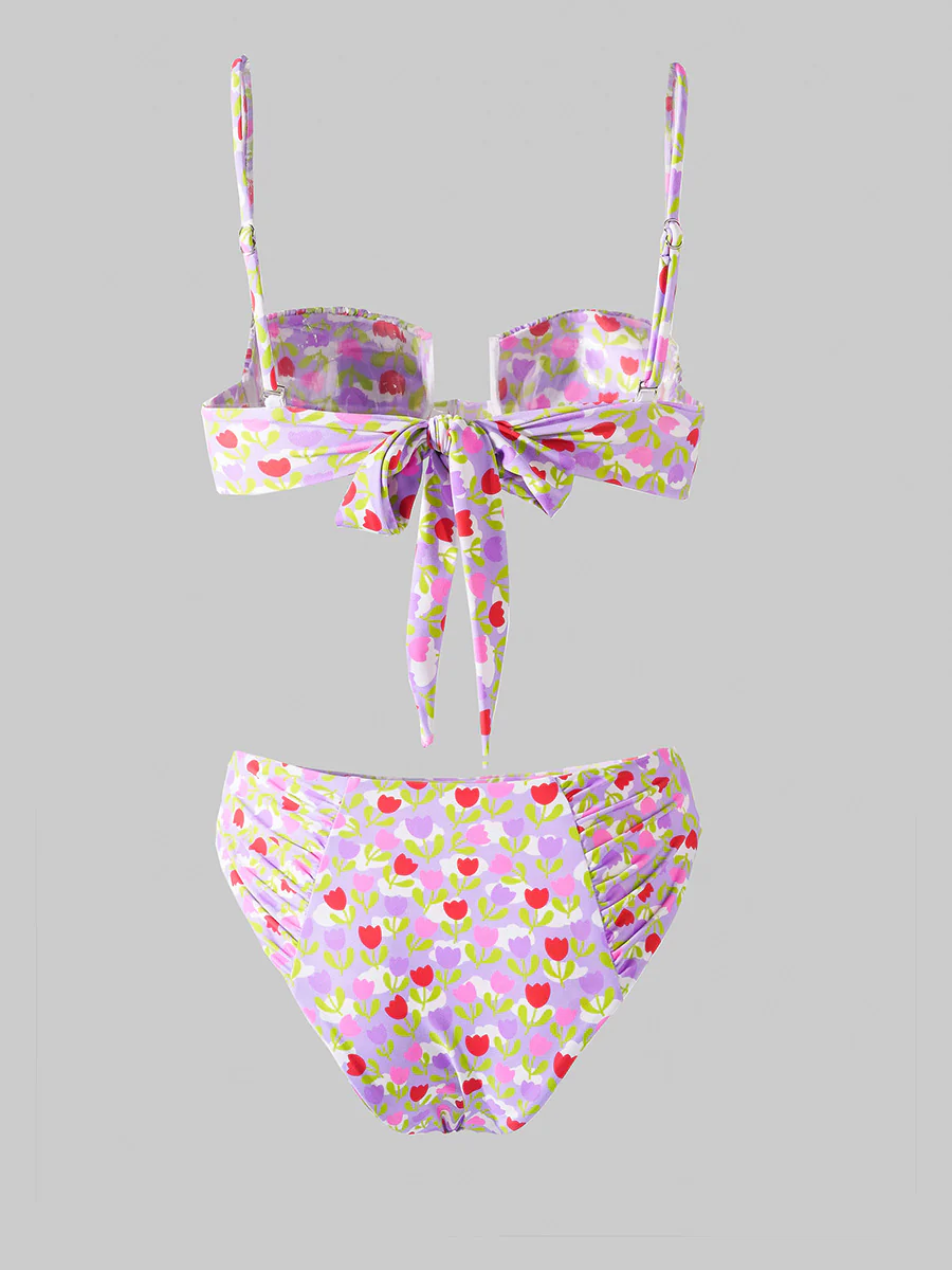 Light Purple Flowers High-Waisted Bikini Set - Image 5