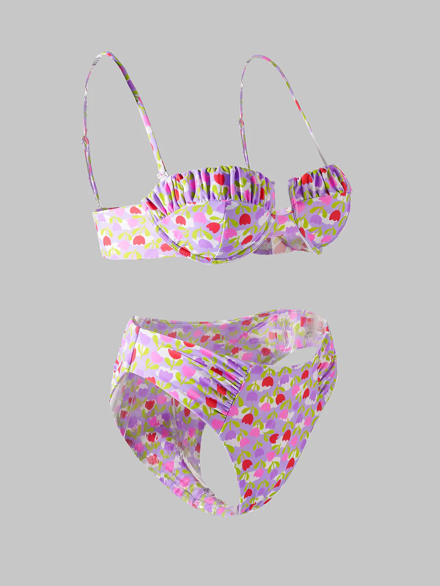 Light Purple Flowers High-Waisted Bikini Set - Image 6