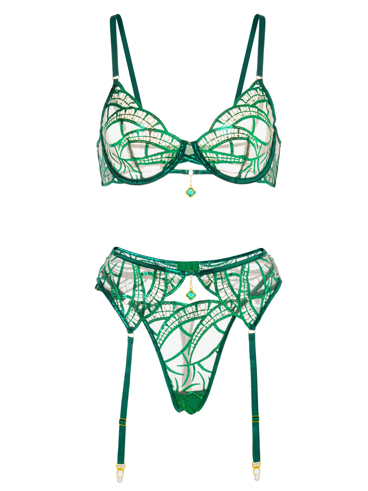 Luxe Green Metallic Foil Lace Lingerie Set - Image 3
