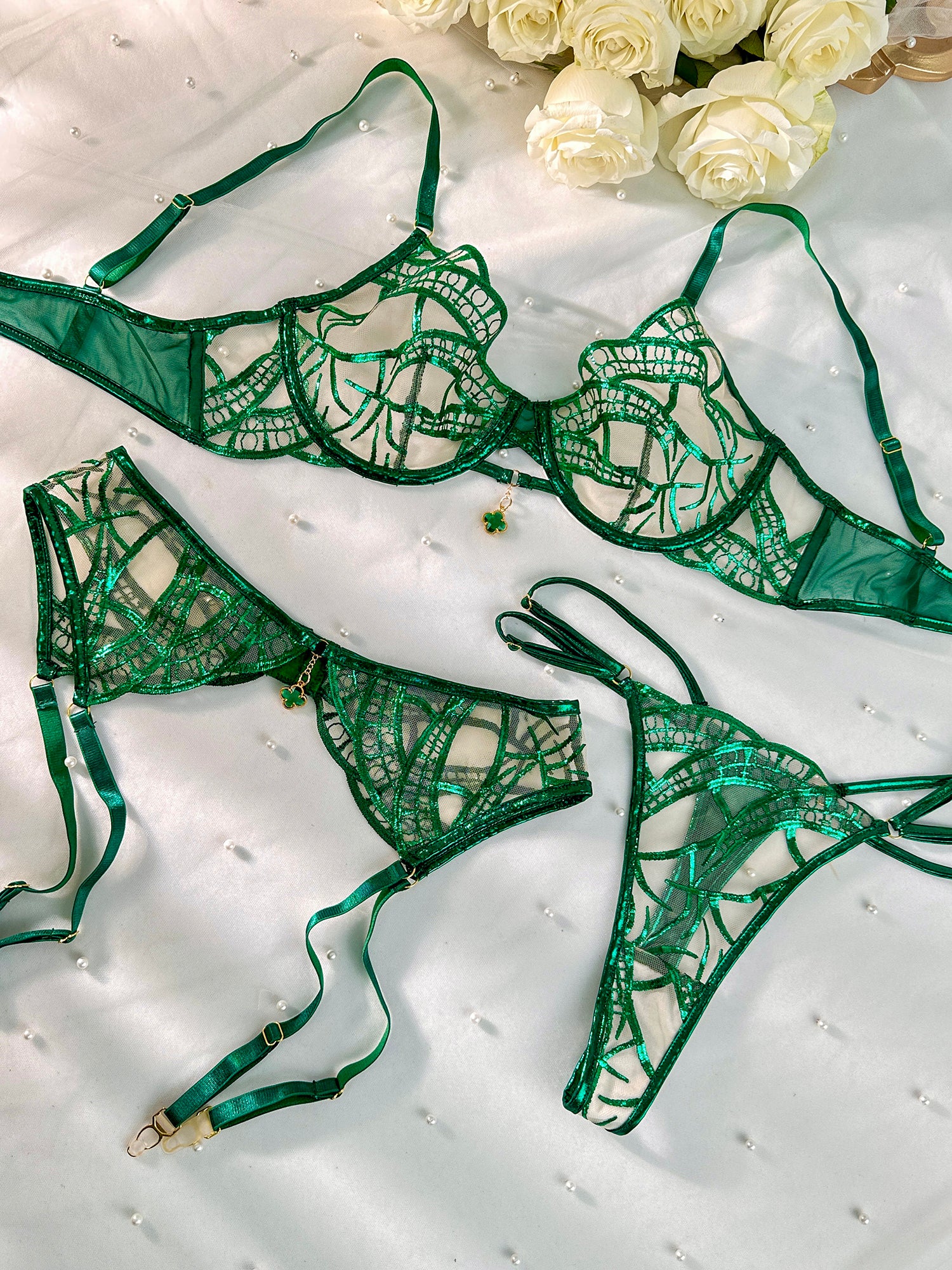Luxe Green Metallic Foil Lace Lingerie Set - Image 9