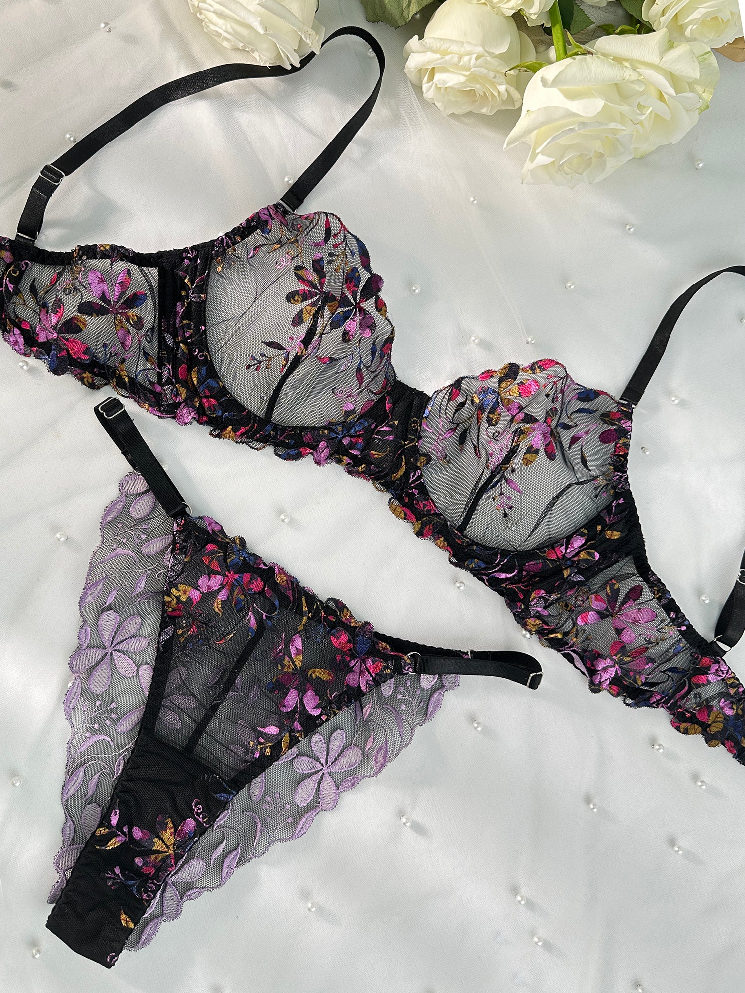 Midnight Blossom Lace Embroidered Lingerie Set - Image 7