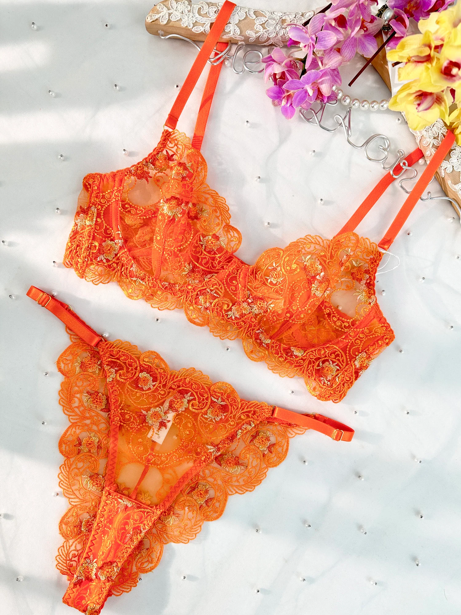 Orange Floral Embroidery Lingerie Set - Image 9