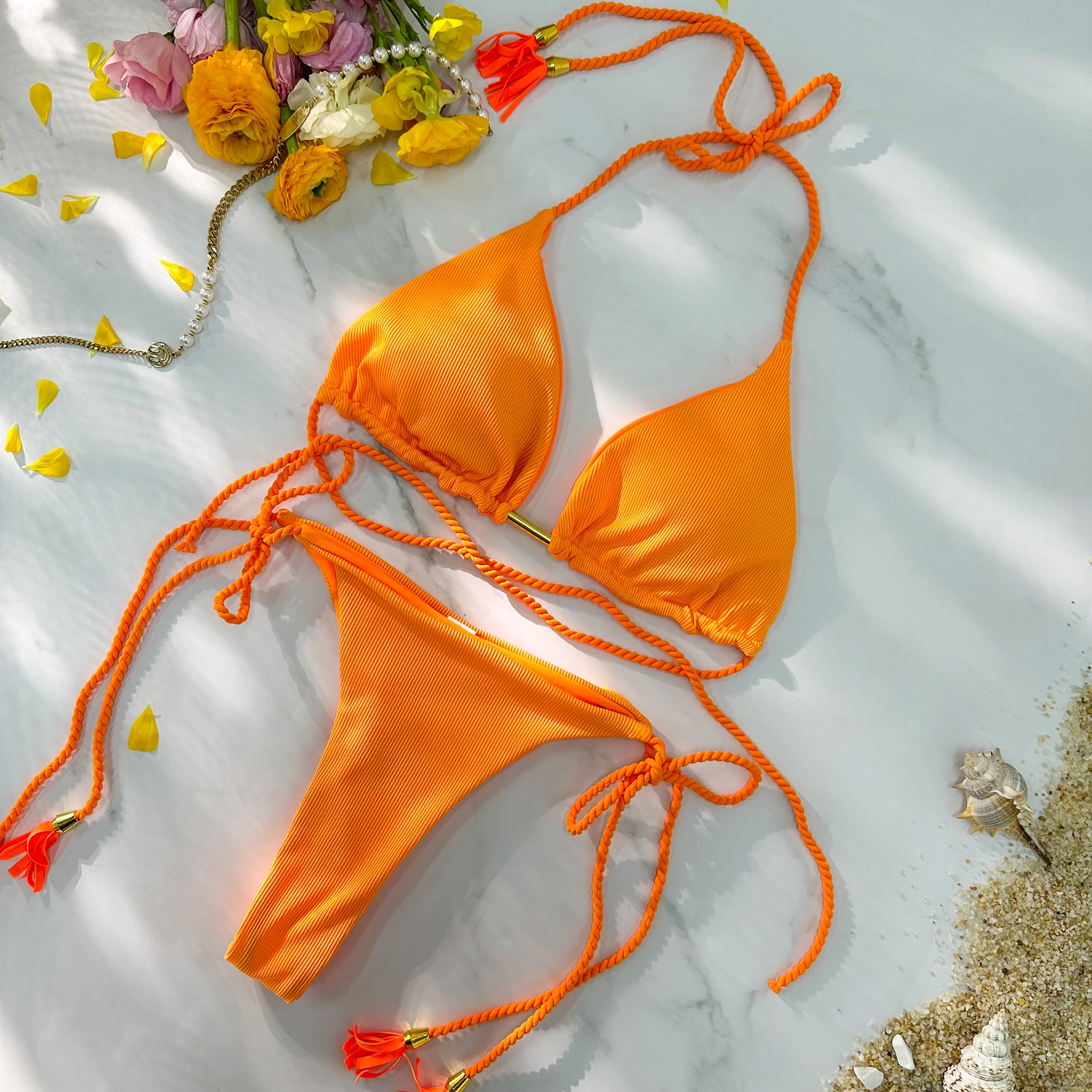 Orange Swivel Strip U-shaped High Waist Bikini Set - Image 4