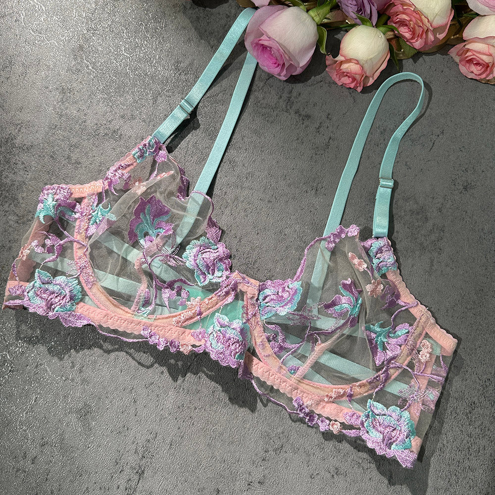 Pastel Floral Embroidery Sheer Lingerie Set - Image 11