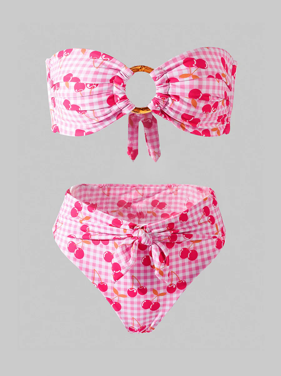 Pink Cherry Double layer High-Waisted Bikini Set - Image 5