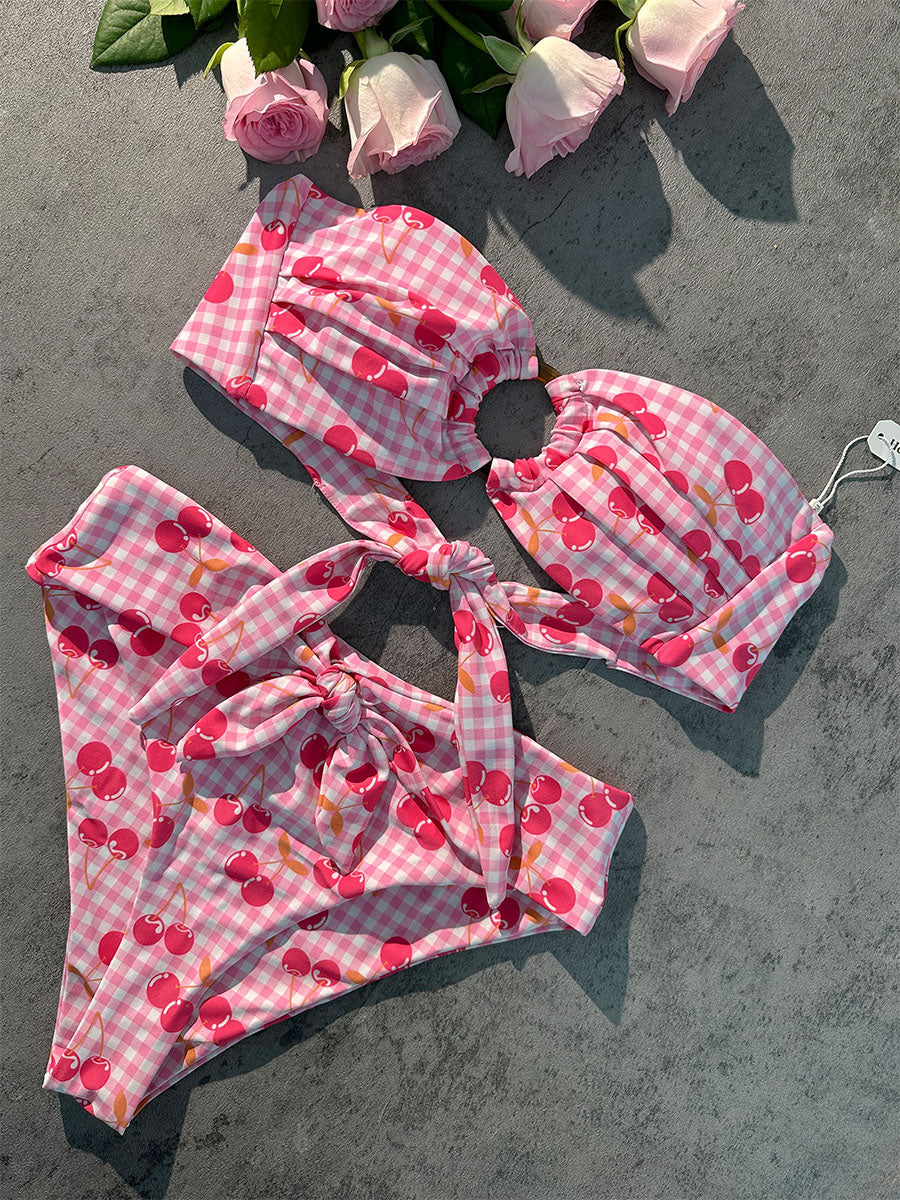 Pink Cherry Double layer High-Waisted Bikini Set - Image 8
