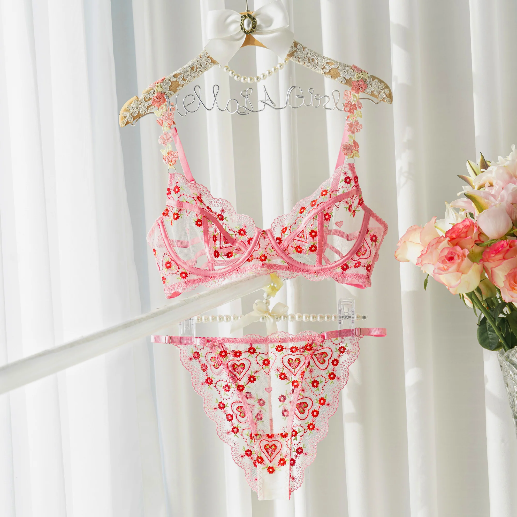 Pink Cute Sweetheart Lace Embroidery Thong - Image 3