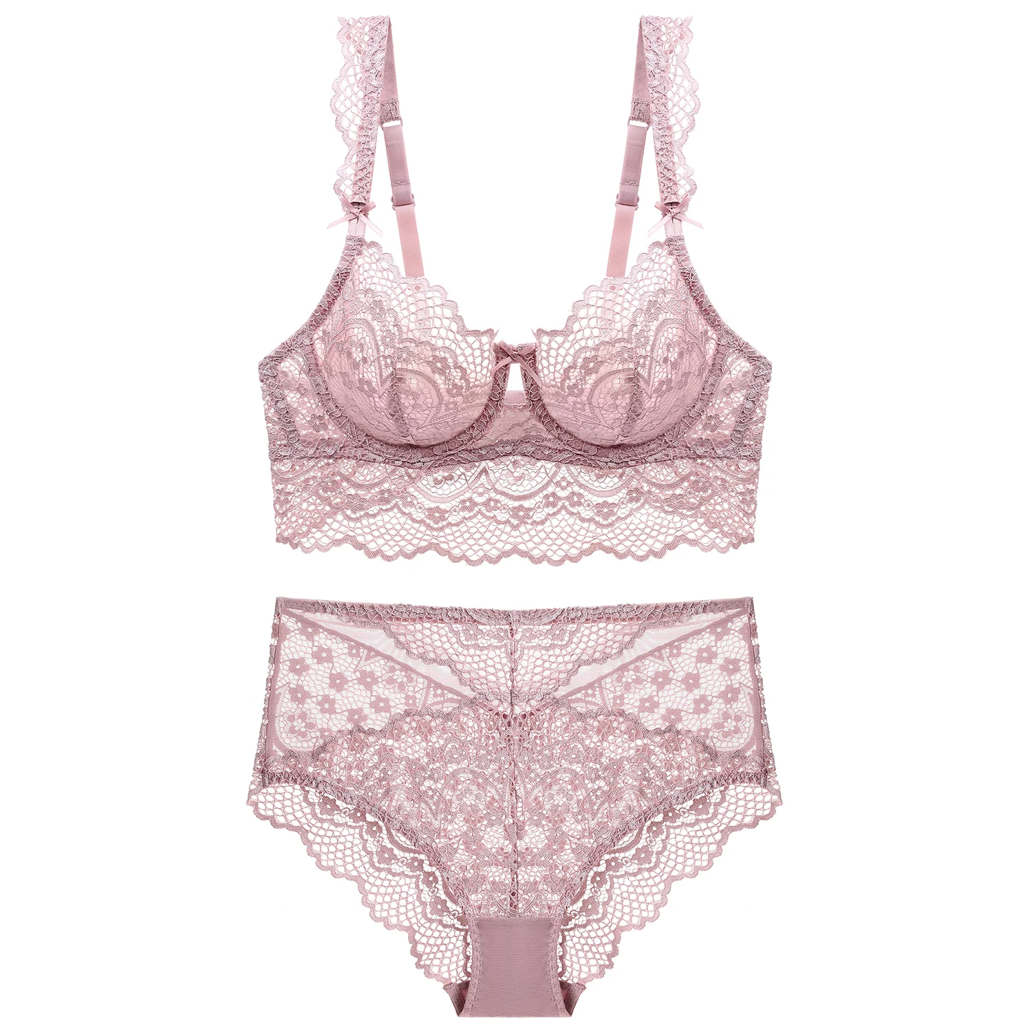 Pink Floral Soft Lace Trim Mesh Bra Lingerie - Image 2
