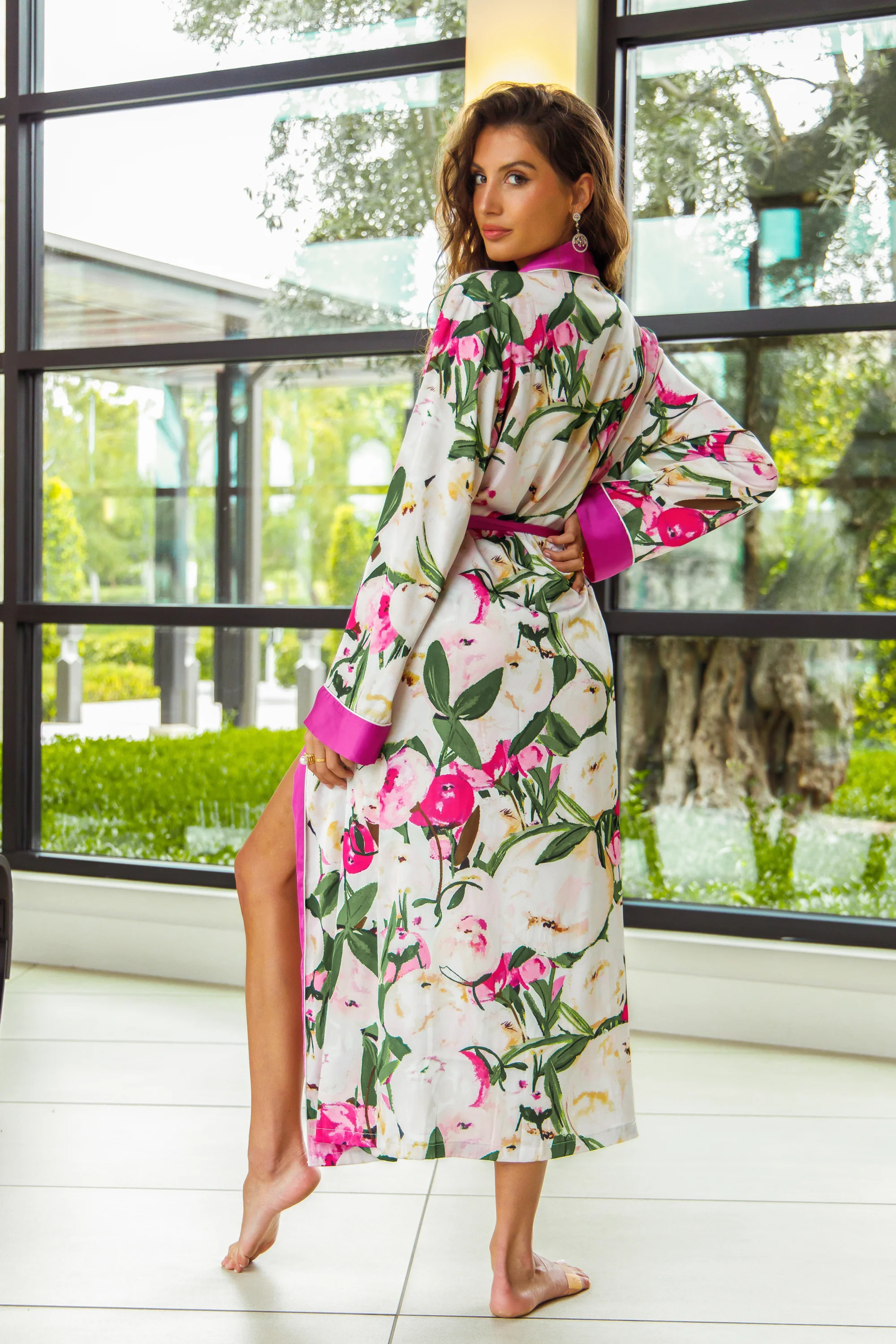 Pink Flower Print Purple Silky Satin Robe With Belt - Image 4