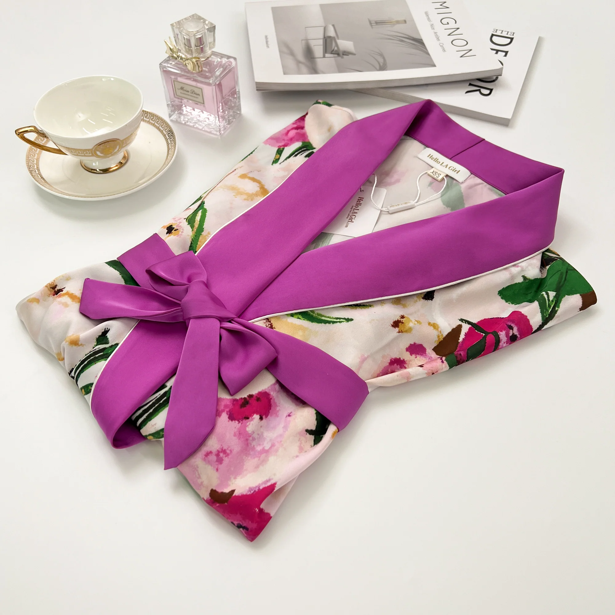 Pink Flower Print Purple Silky Satin Robe With Belt - Image 7