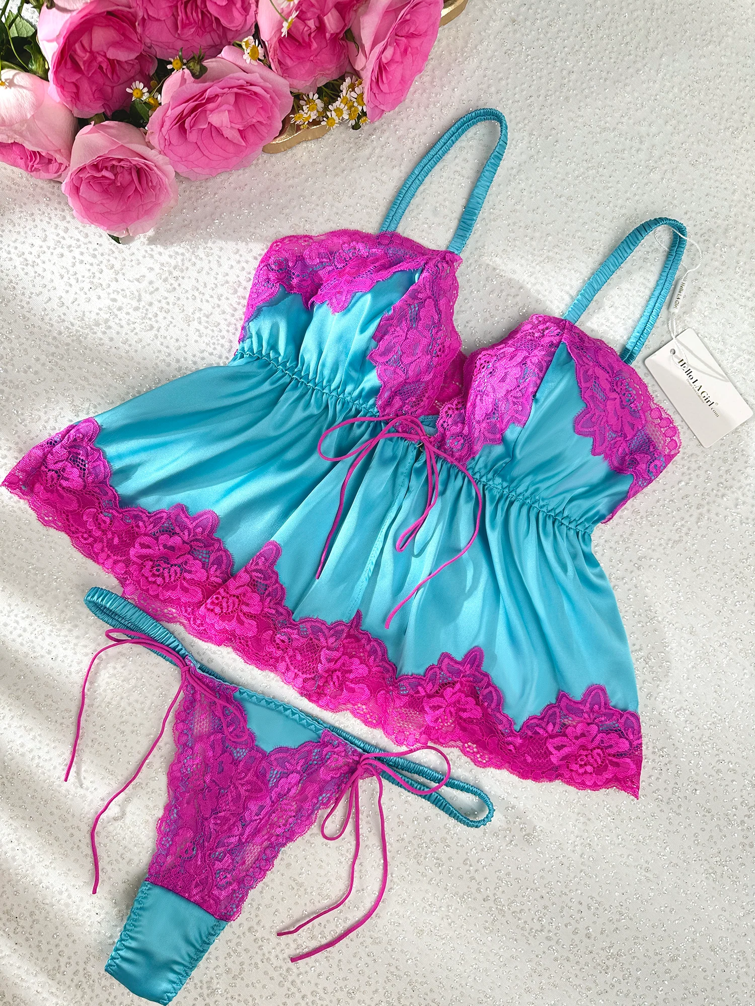 Pink Lace & Blue Silk Contrast Lingerie Set - Image 10