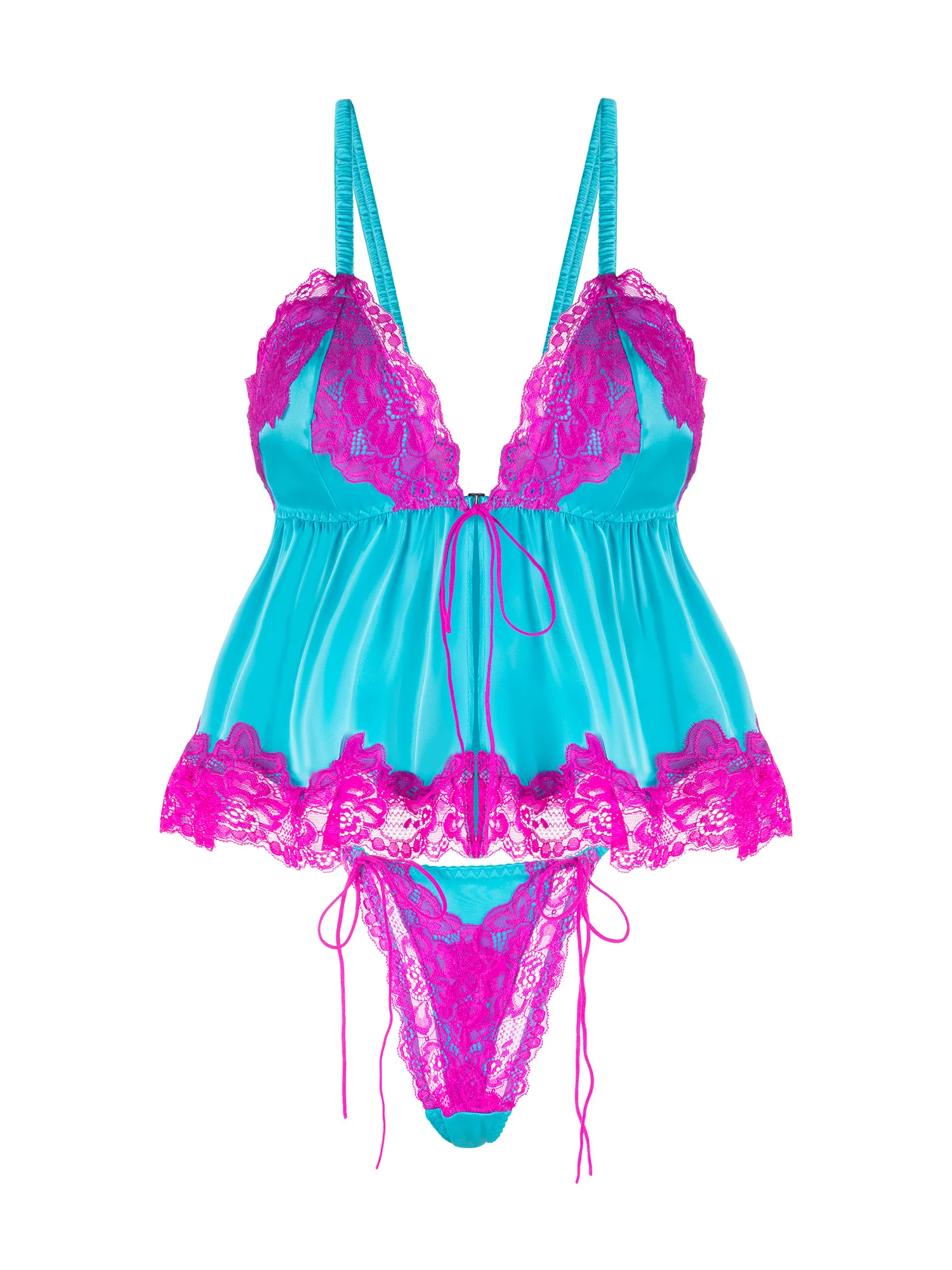 Pink Lace & Blue Silk Contrast Lingerie Set - Image 3