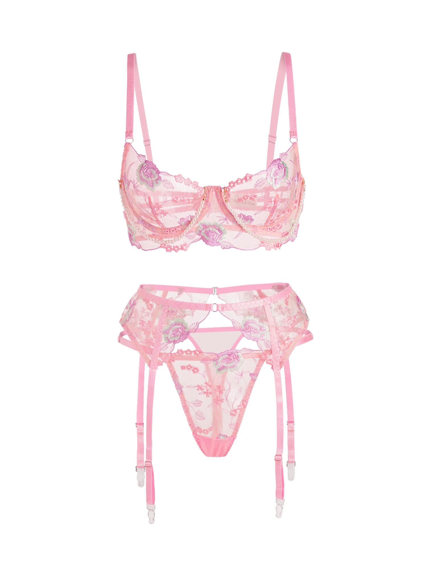 Pink Floral Embroidery Pearl Chain Lingerie Set - Image 20
