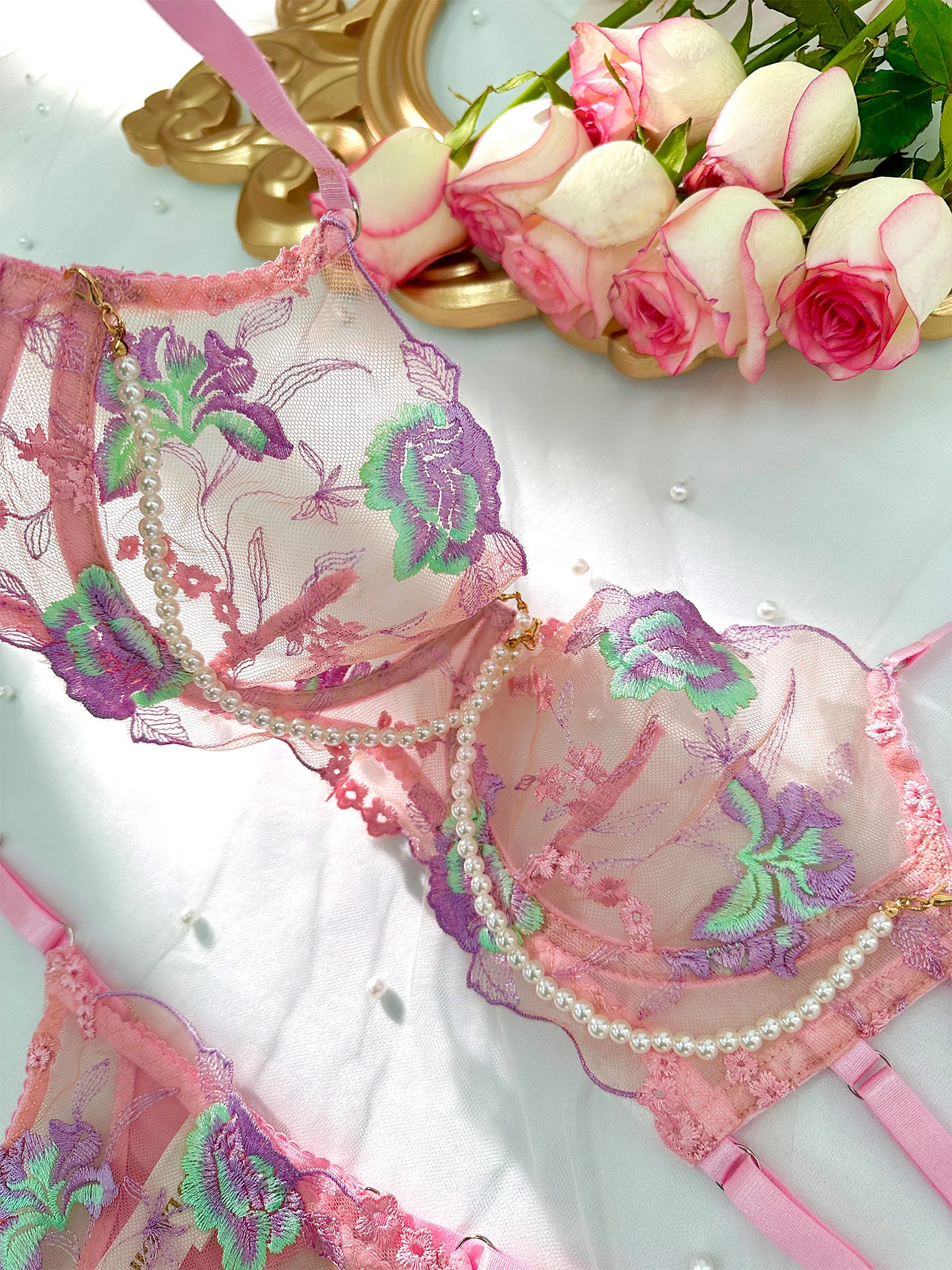Pink Floral Embroidery Pearl Chain Lingerie Set - Image 22