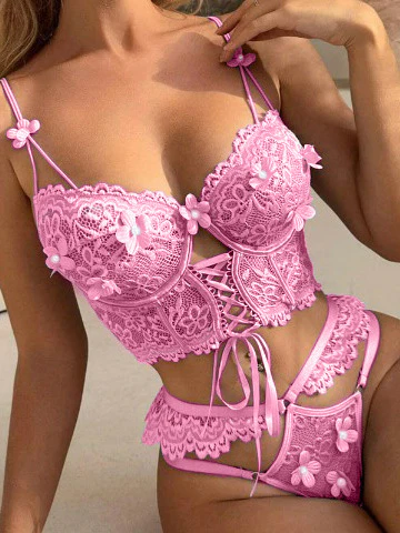 Pink Pearls Small Flower Lace Lingerie Set - Image 9