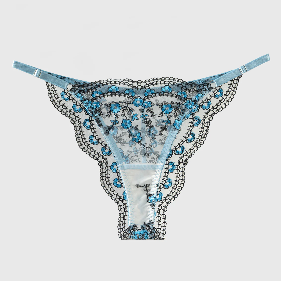 Purple /Blue Flowers Embroidery Black Trimmed Thong