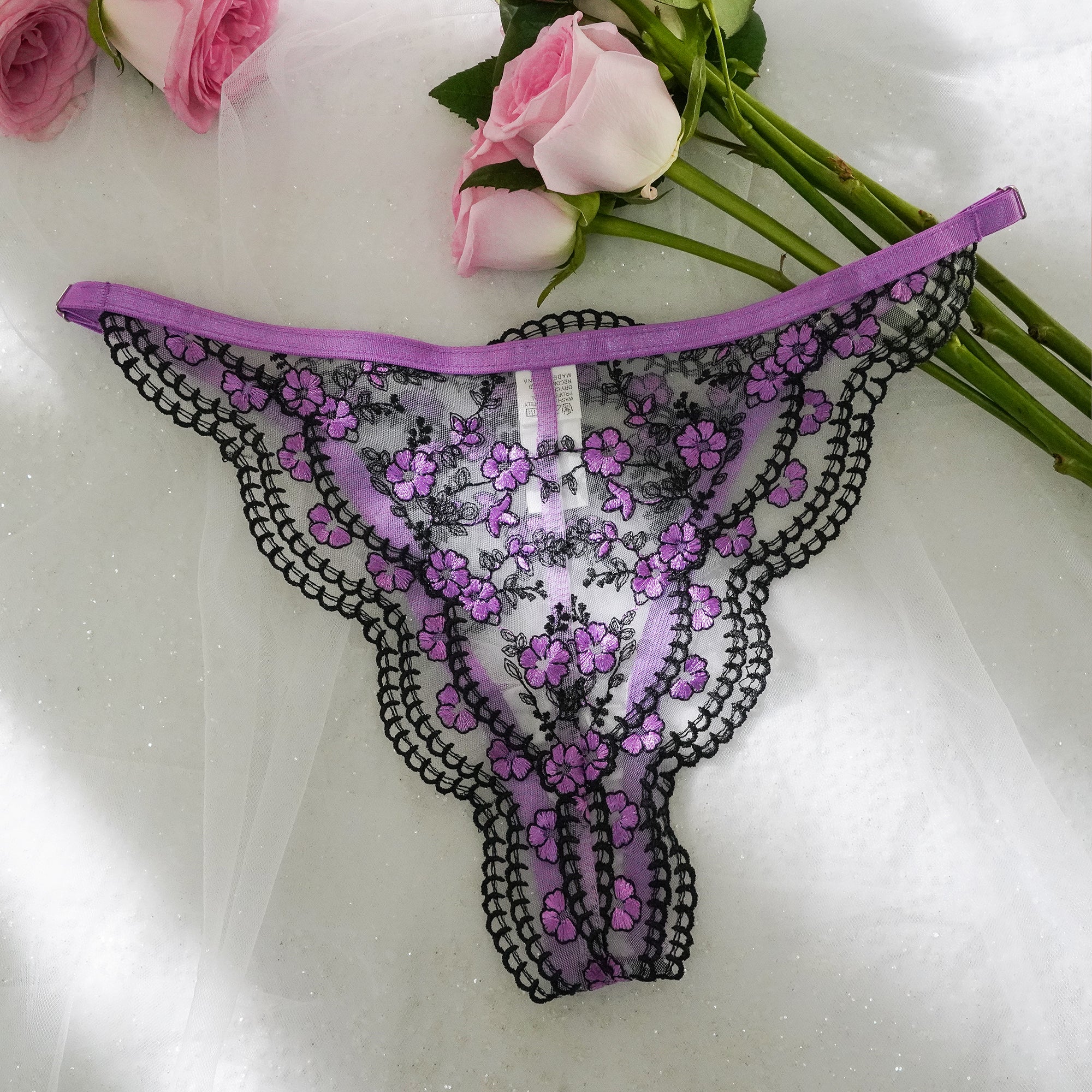 Purple /Blue Flowers Embroidery Black Trimmed Thong - Image 4