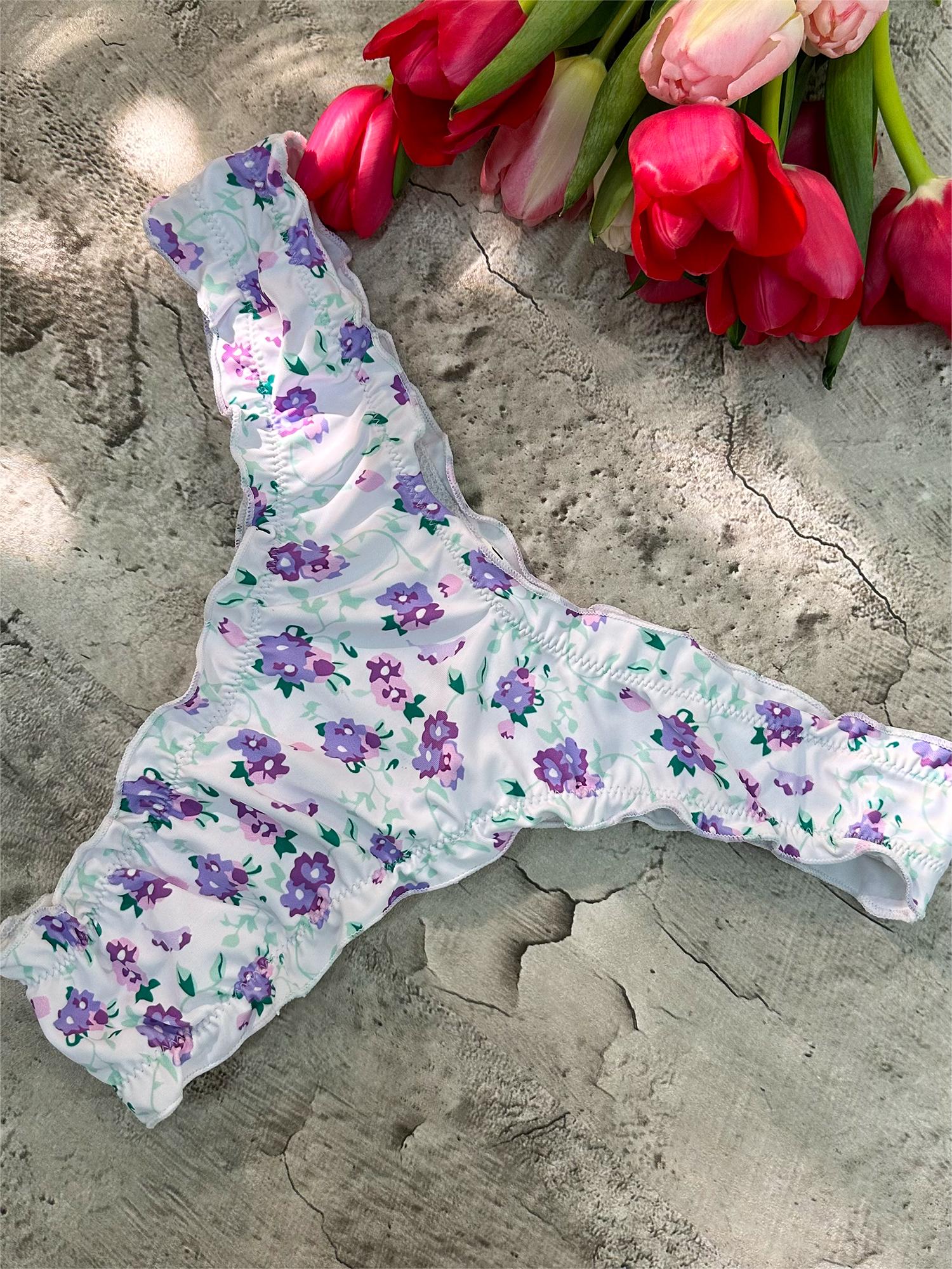 Purple Digital Printing Lace Push Up Hollow Bikini Set - Image 7
