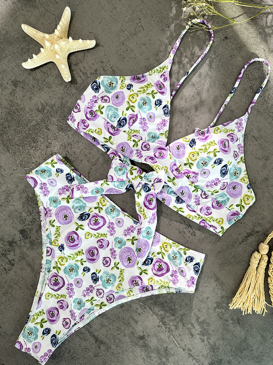 Purple &Green Floral Double layer High-Waisted Bikini Set - Image 6