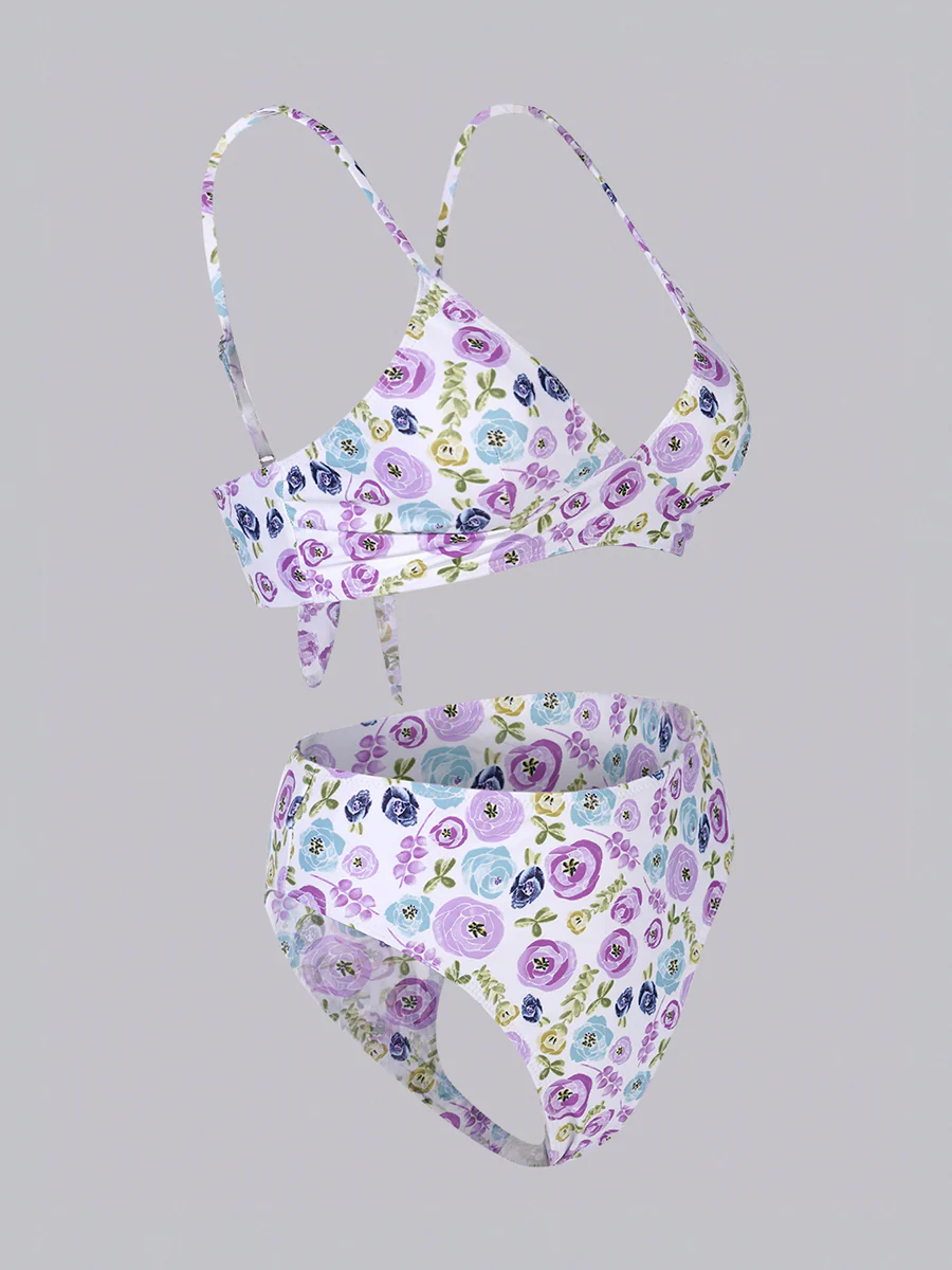 Purple &Green Floral Double layer High-Waisted Bikini Set - Image 9