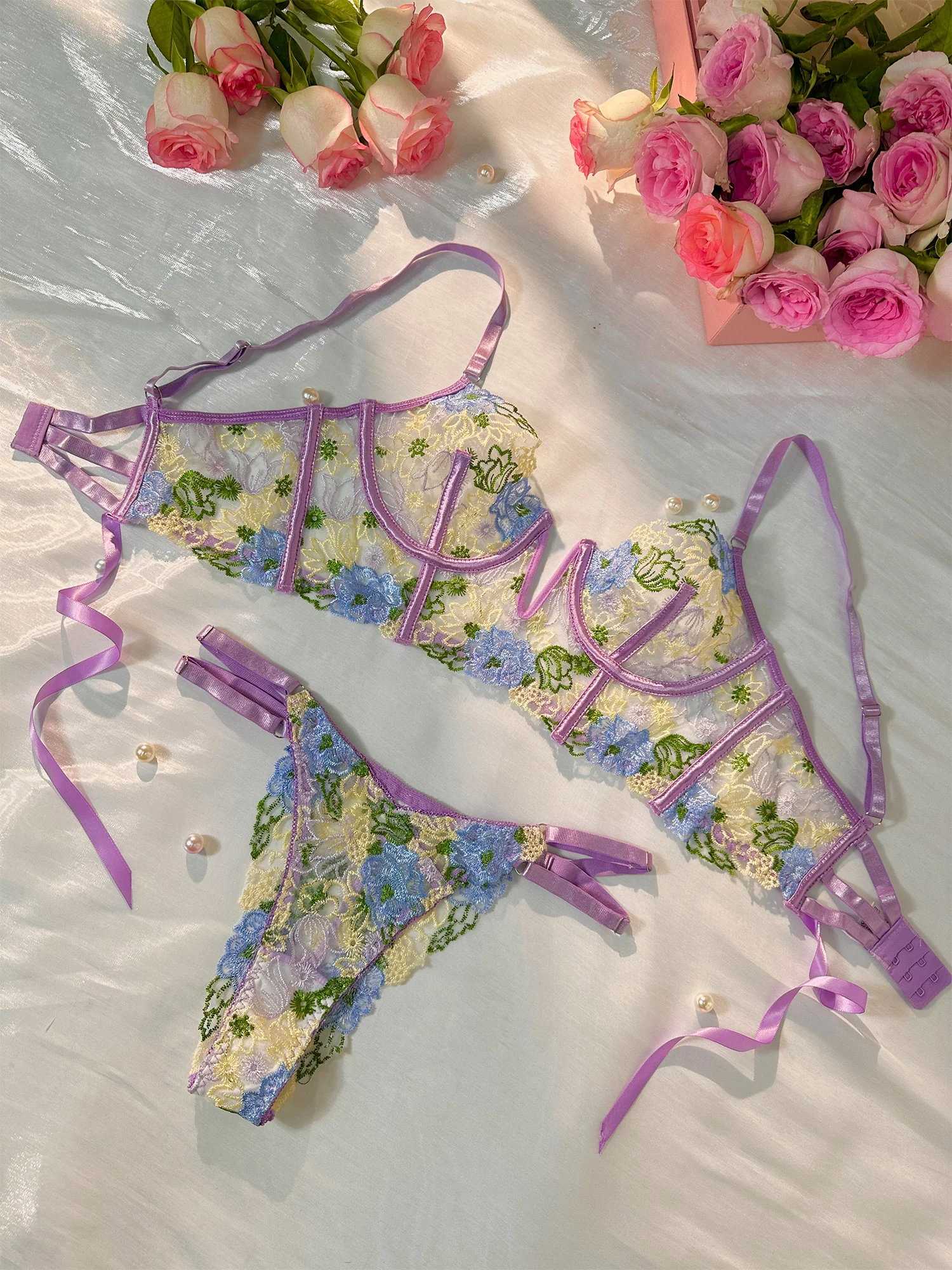 Purple Florals Embroidery Bustier  Lingerie Set - Image 10
