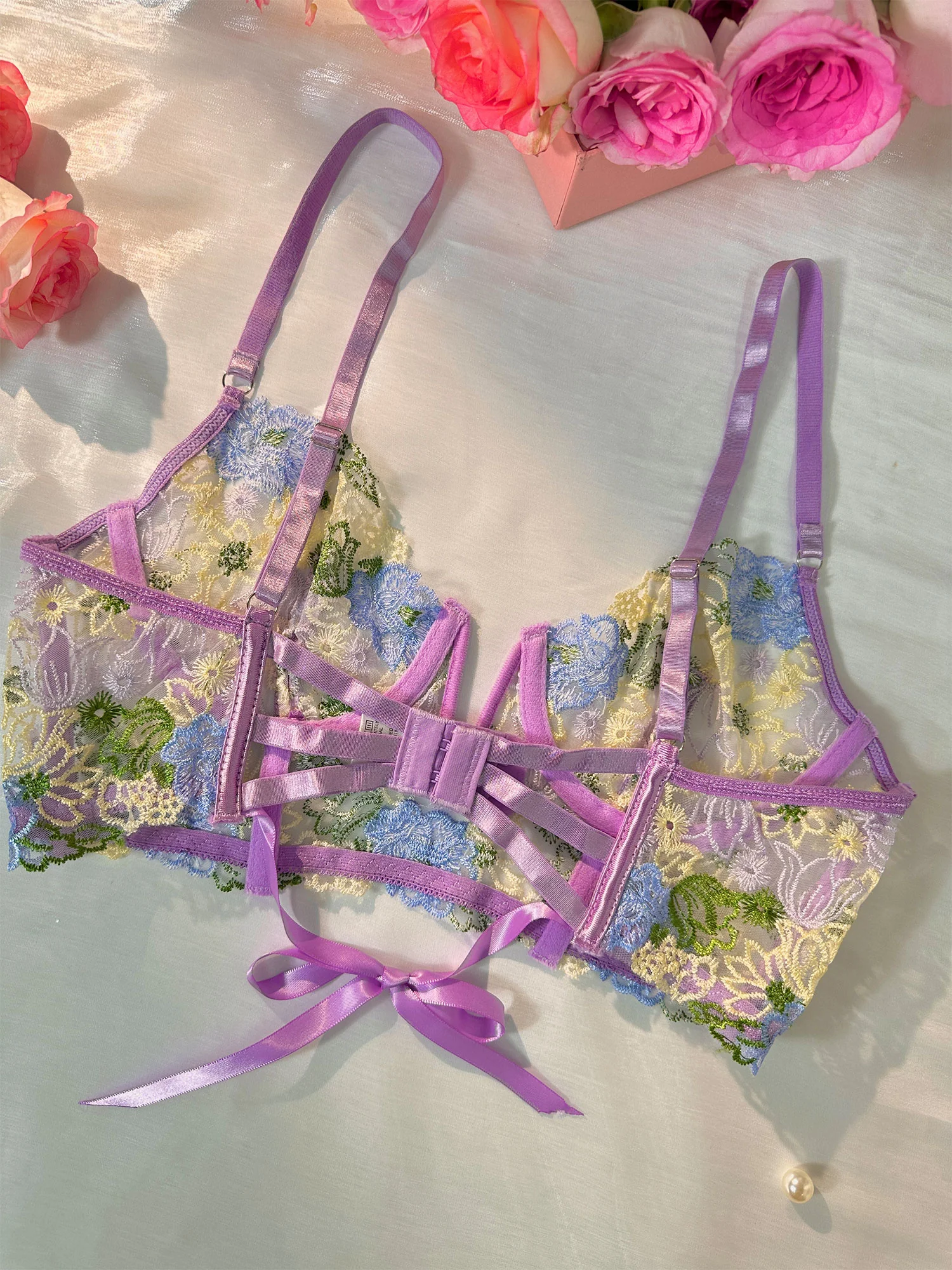 Purple Florals Embroidery Bustier  Lingerie Set - Image 12