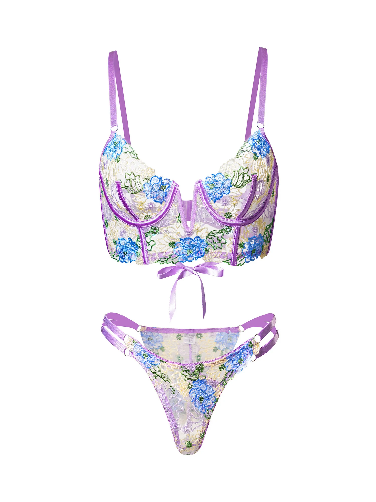 Purple Florals Embroidery Bustier  Lingerie Set - Image 4