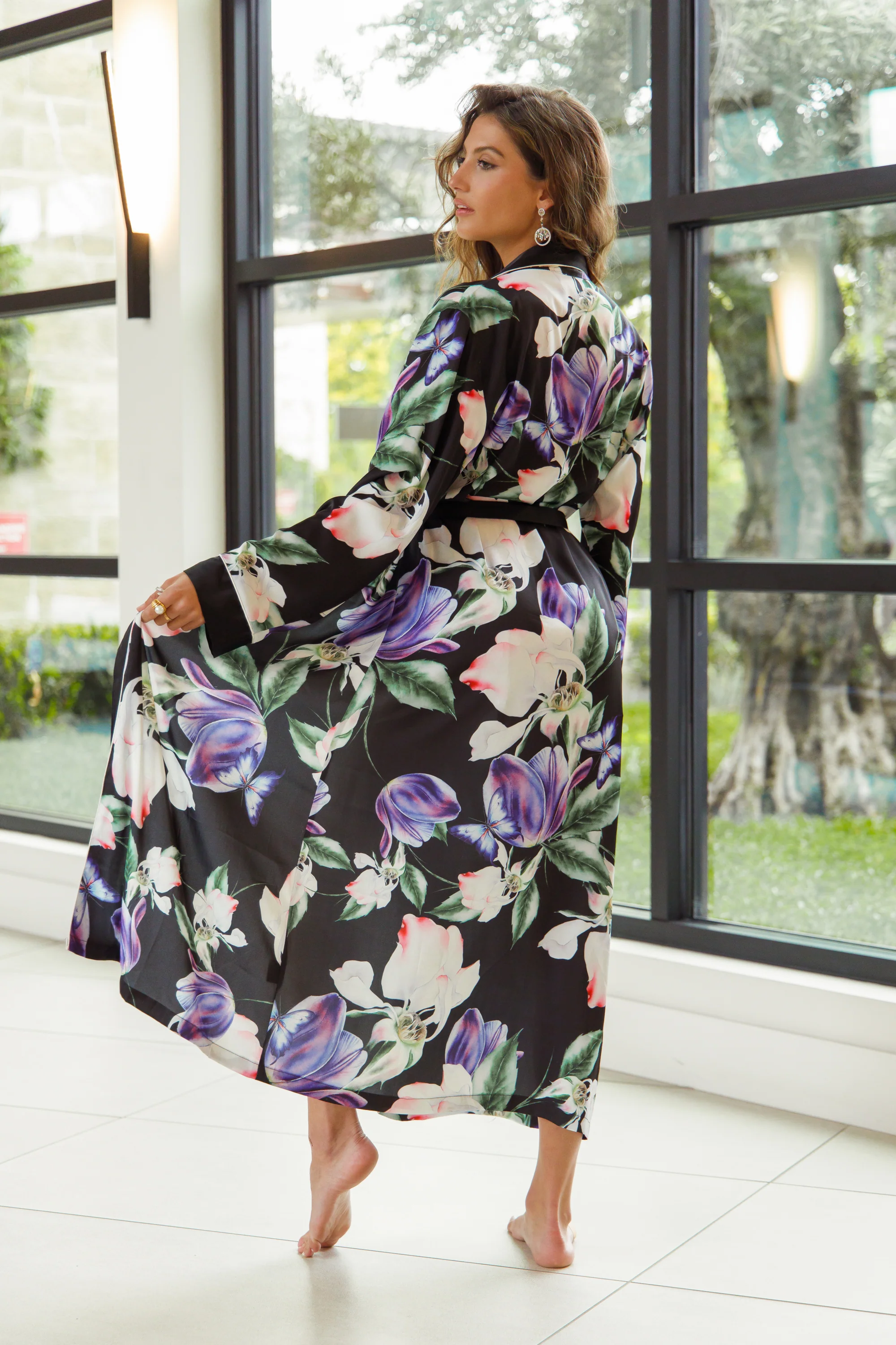 Purple Flower Print Silky Satin Robe With Belt - Image 11