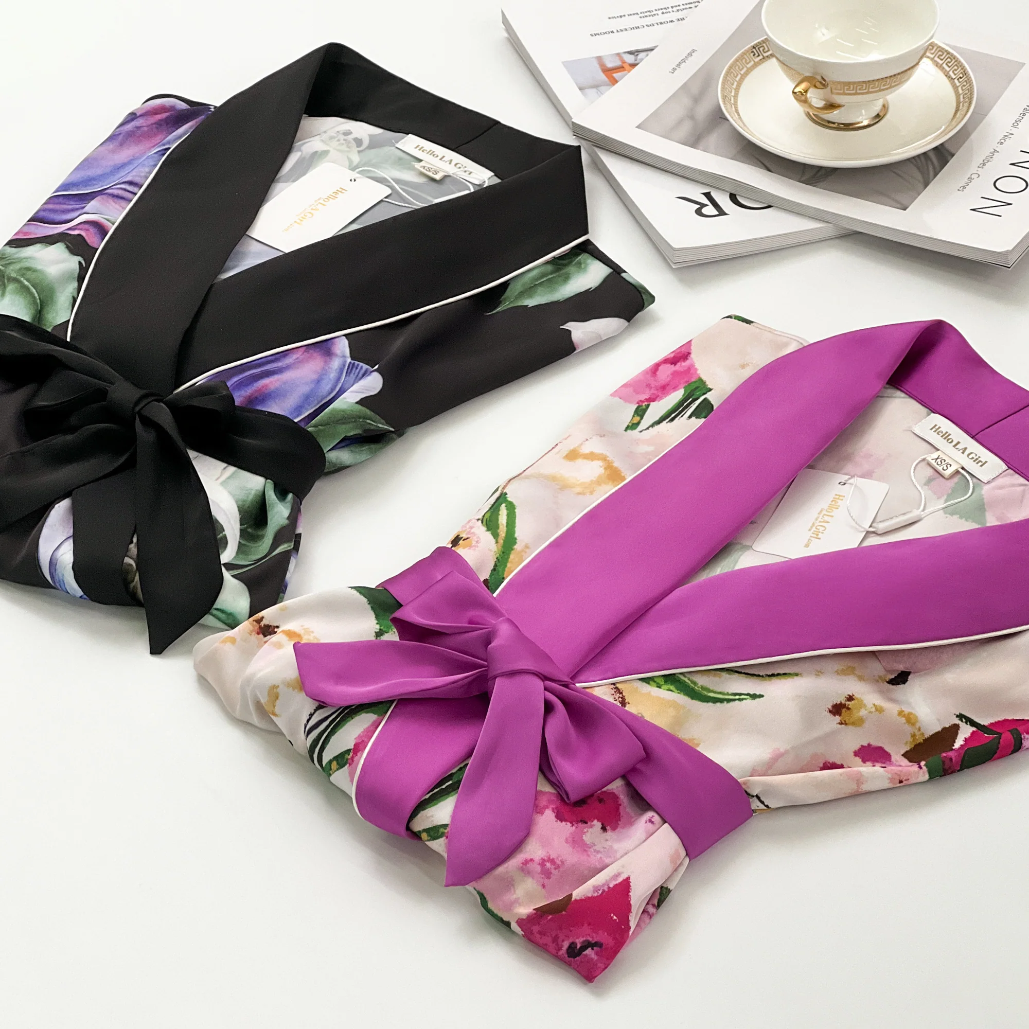Purple Flower Print Silky Satin Robe With Belt - Image 6