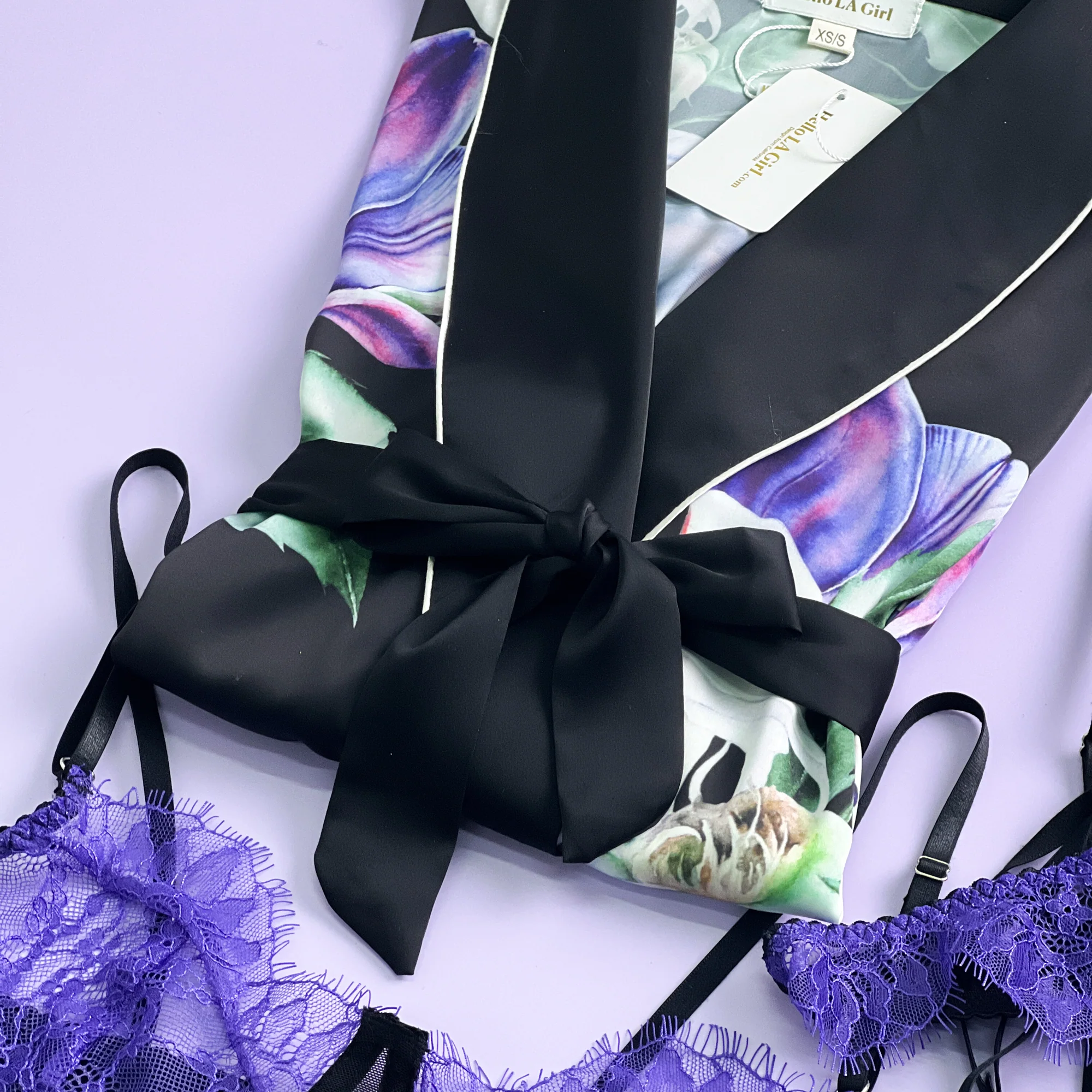 Purple Flower Print Silky Satin Robe With Belt - Image 8