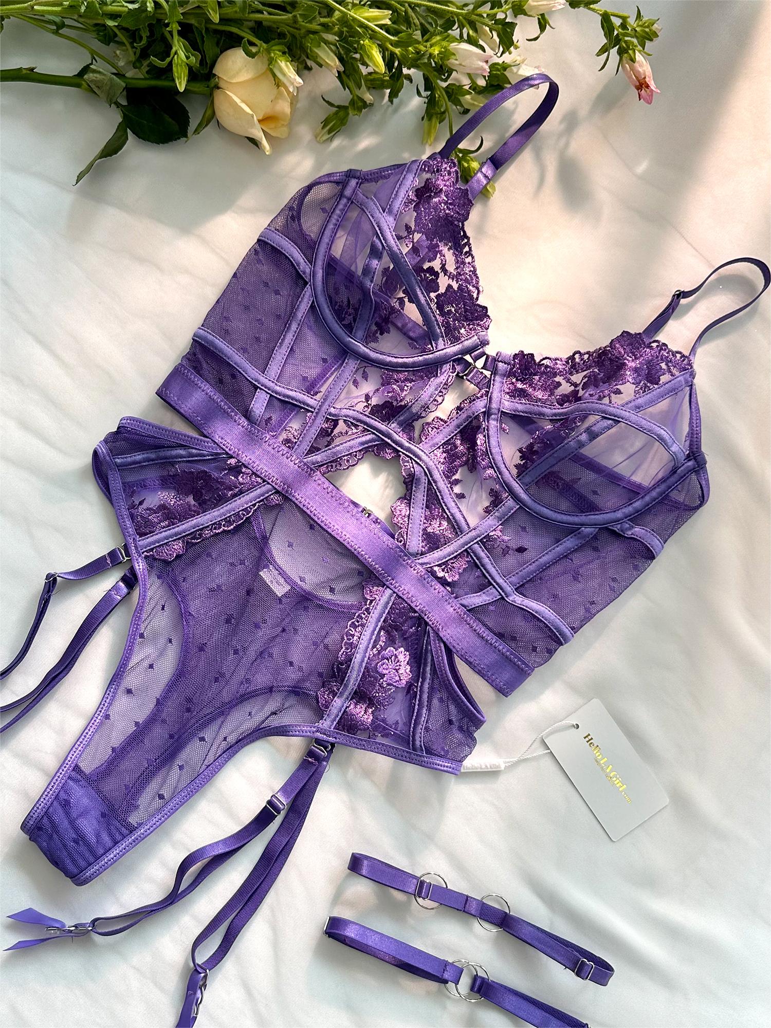 Purple Solid Elegant Embroidered Lace Bodysuit - Image 10