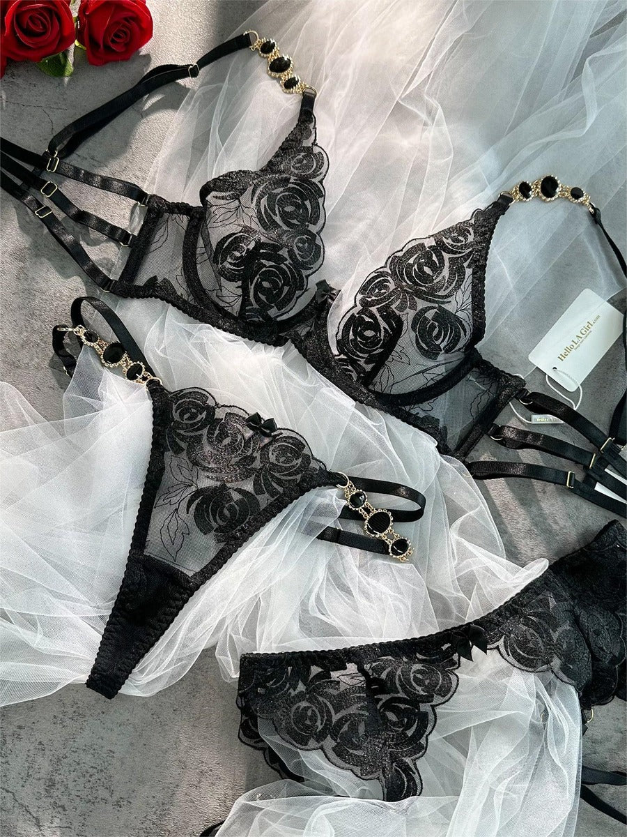 Black Embroidered Sexy Push Up Lingerie Set - Image 11