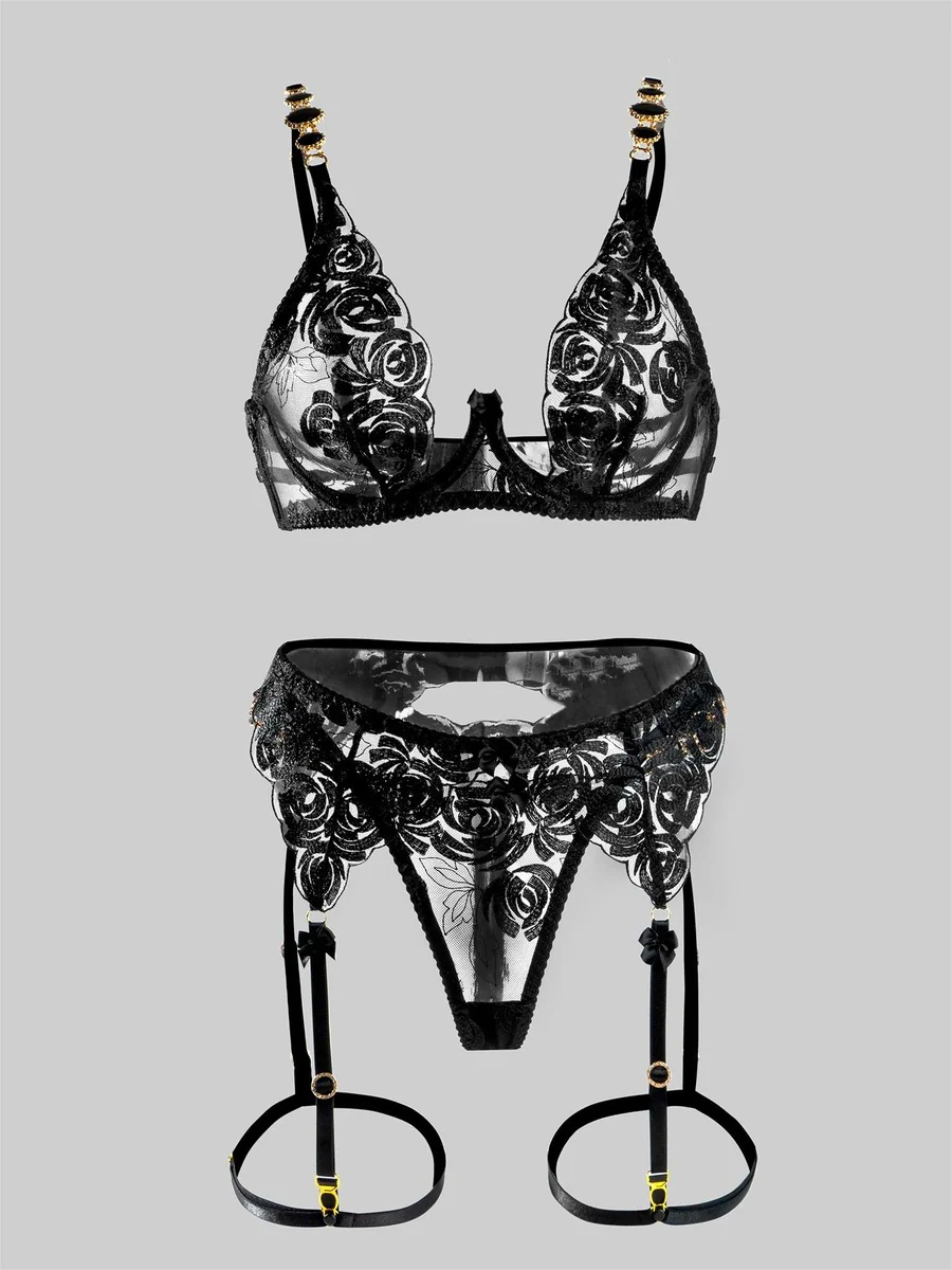 Black Embroidered Sexy Push Up Lingerie Set - Image 3