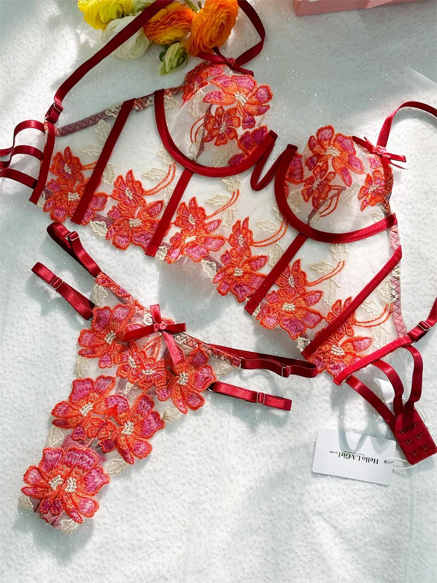 Red Floral Embroidery Bustier Straps Lingerie Set - Image 8