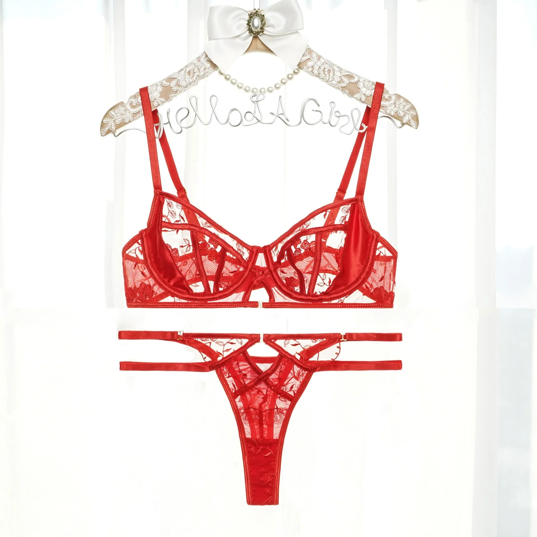 Red Floral Embroidery Lingerie Set - Image 3