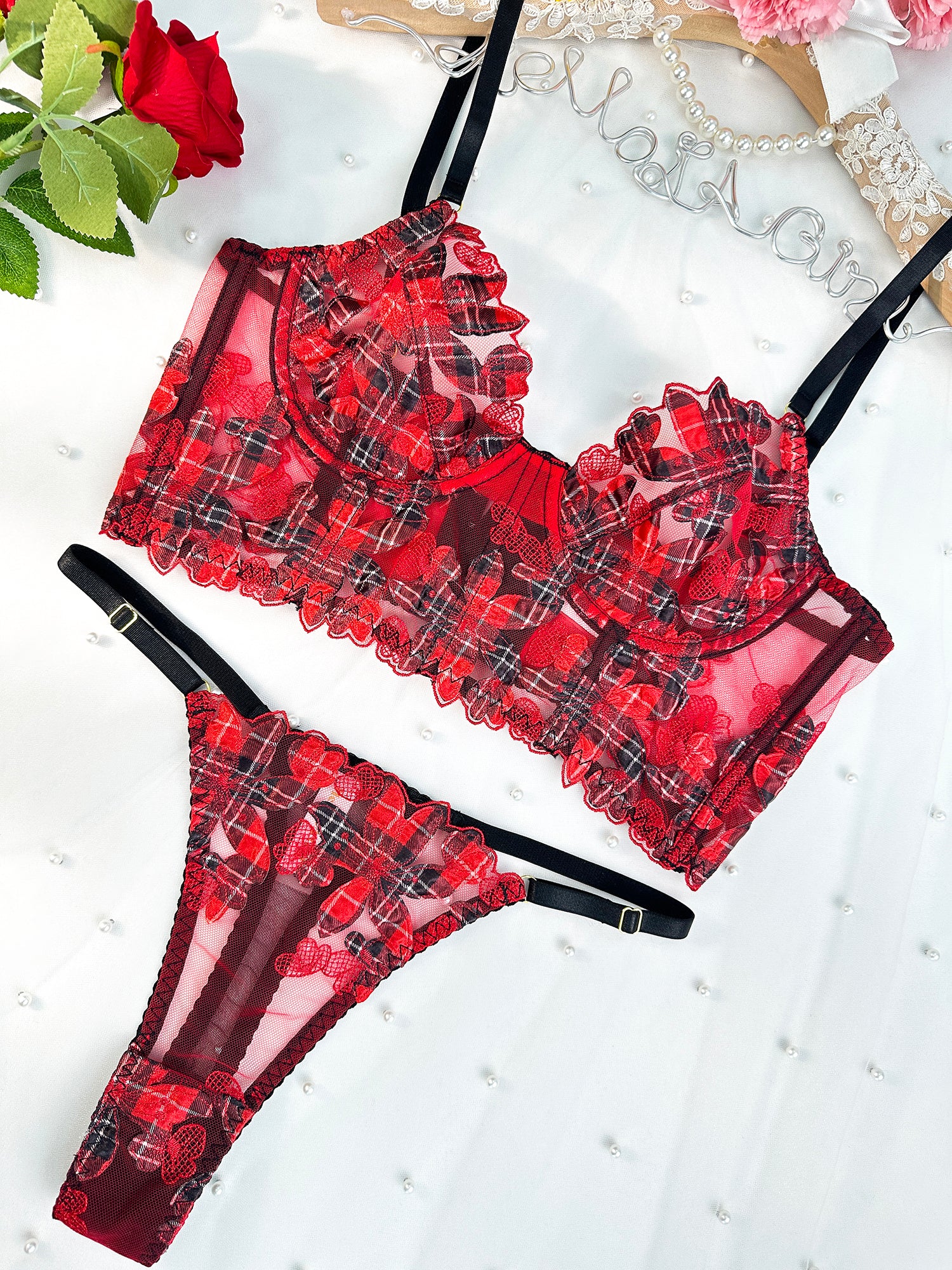 Red Tartan Flower Lingerie Set - Image 11