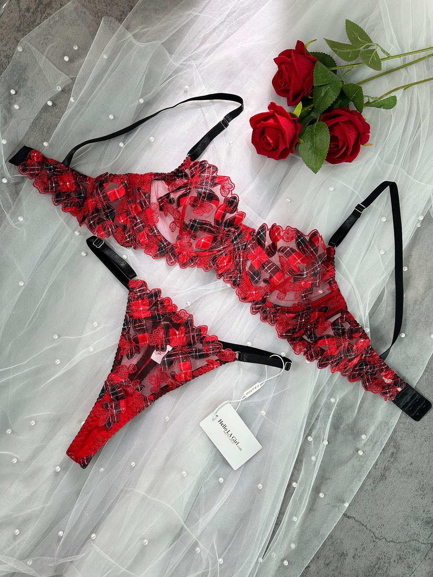 Red Tartan Flower Lingerie Set - Image 14