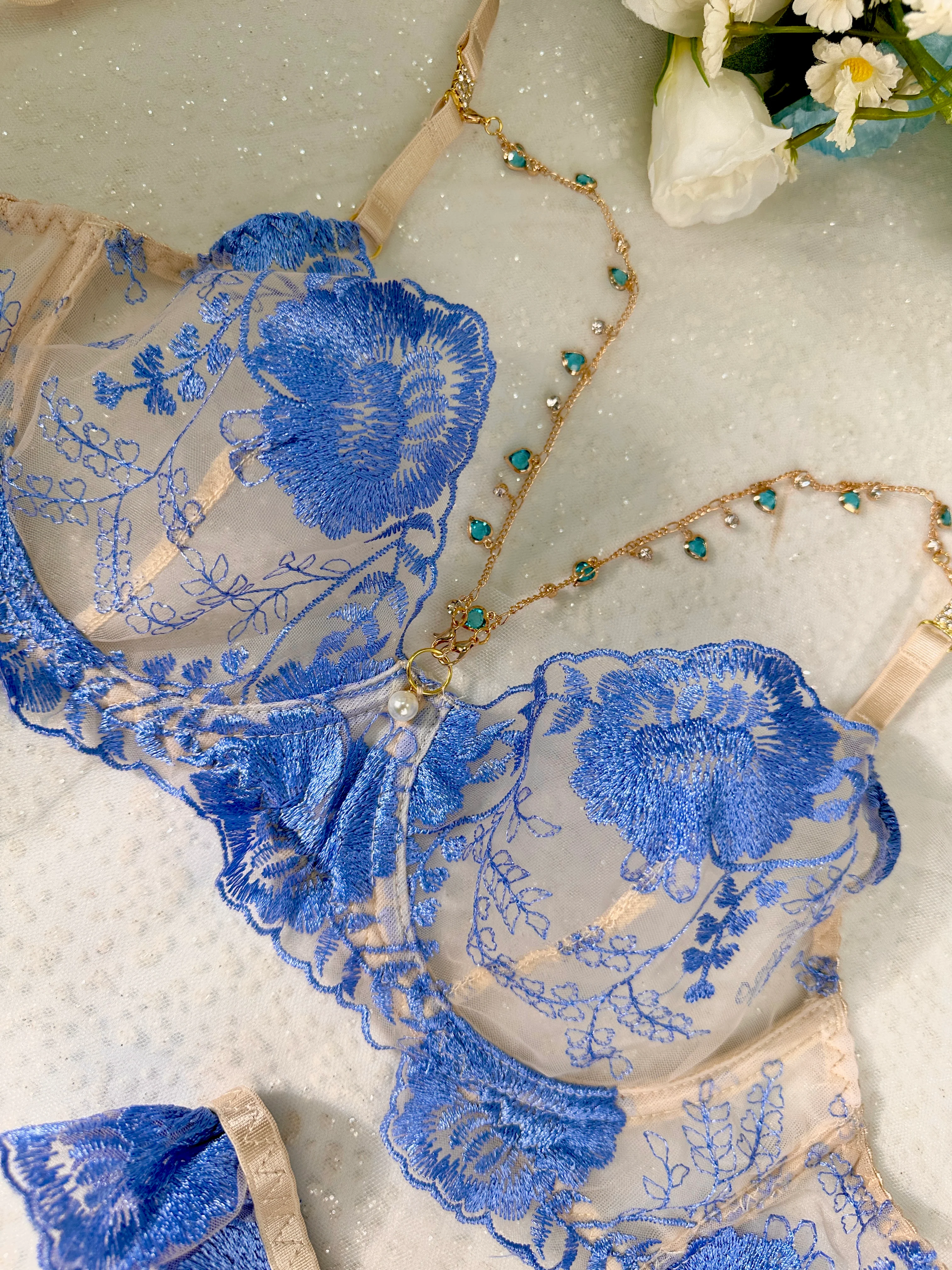 Azure Bloom Chain-Detail Embroidered Lingerie Set - Image 15