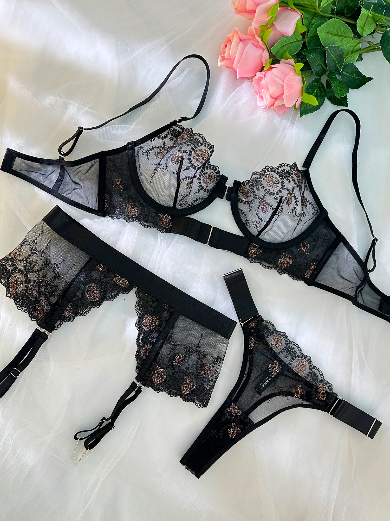 Sheer Black&Champagne Embroidered Lace Lingerie Set - Image 13