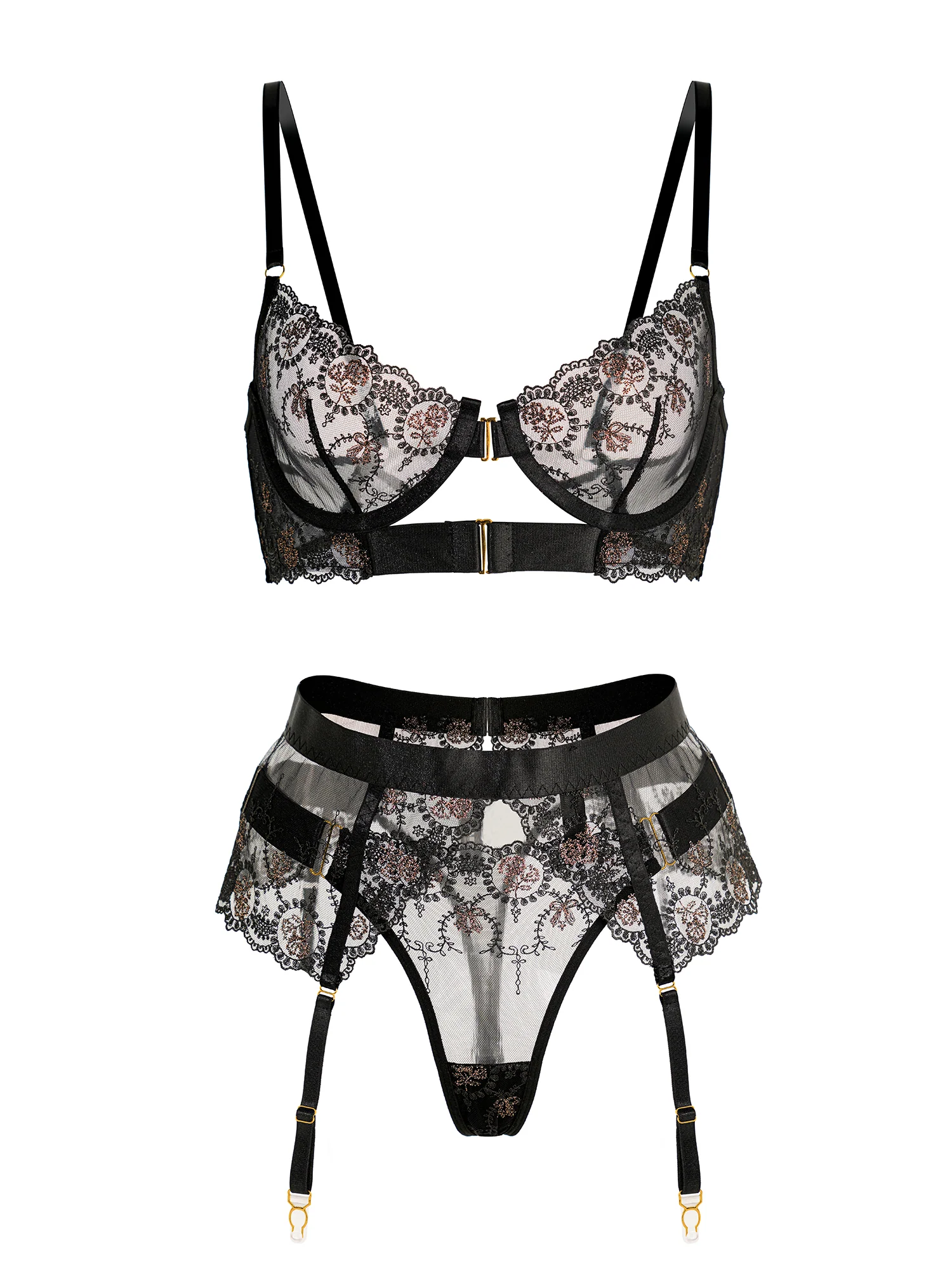 Sheer Black&Champagne Embroidered Lace Lingerie Set - Image 3